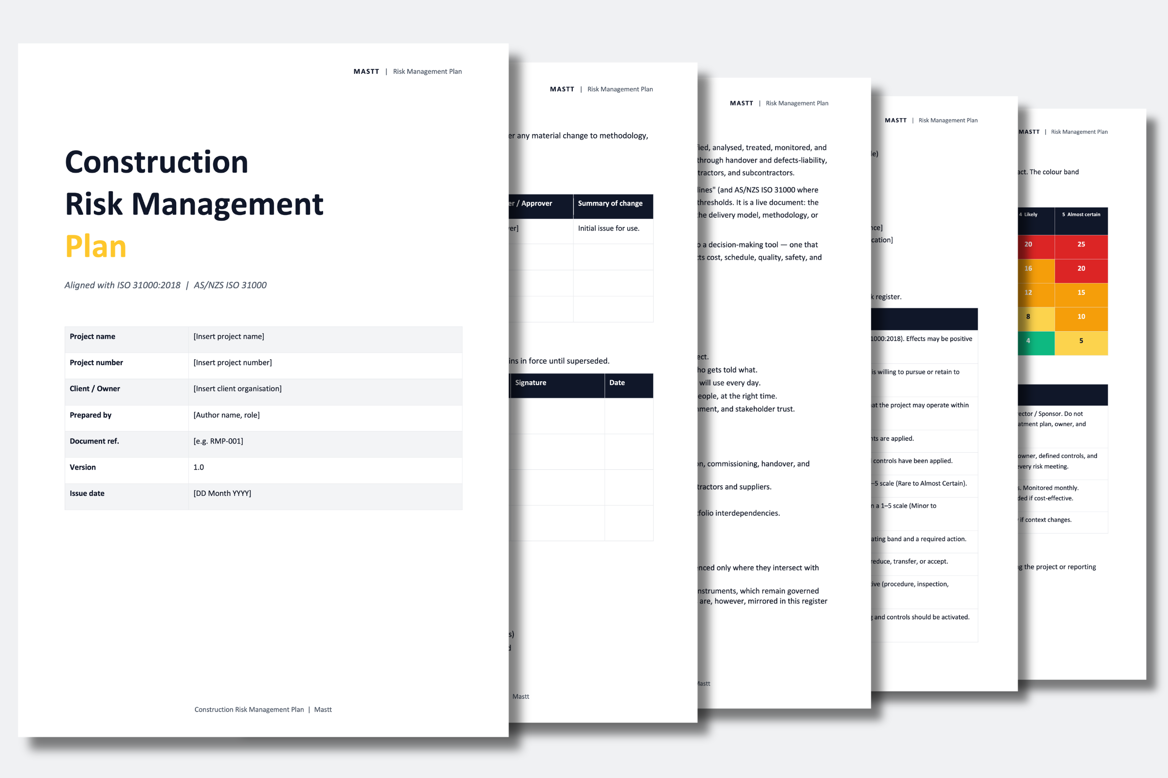 Multi-page construction risk management plan template with project details, approval tables, risk guidance, and a risk matrix.