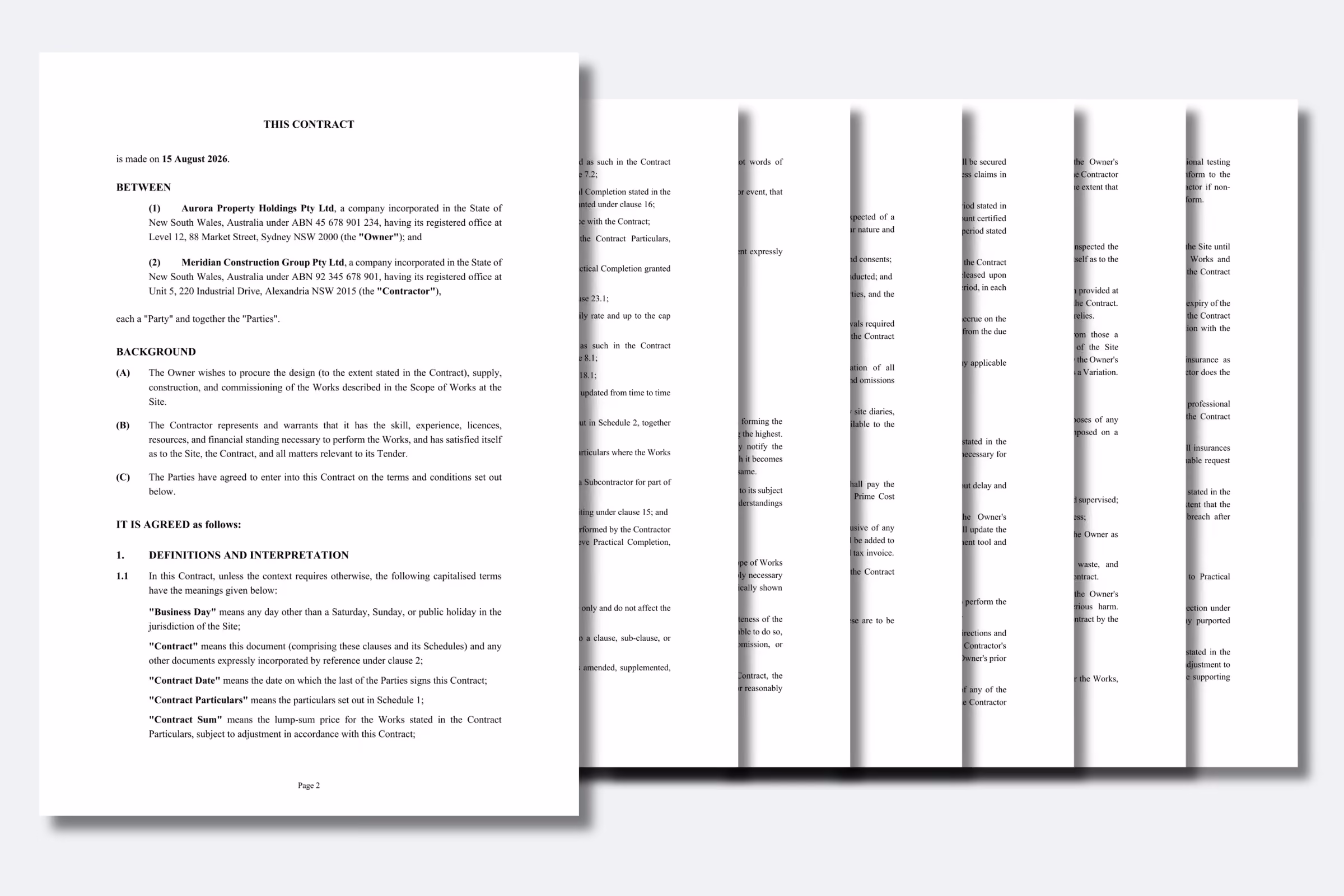 Example of a multi-page construction contract containing definitions, project obligations, payment terms, and other contract clauses.