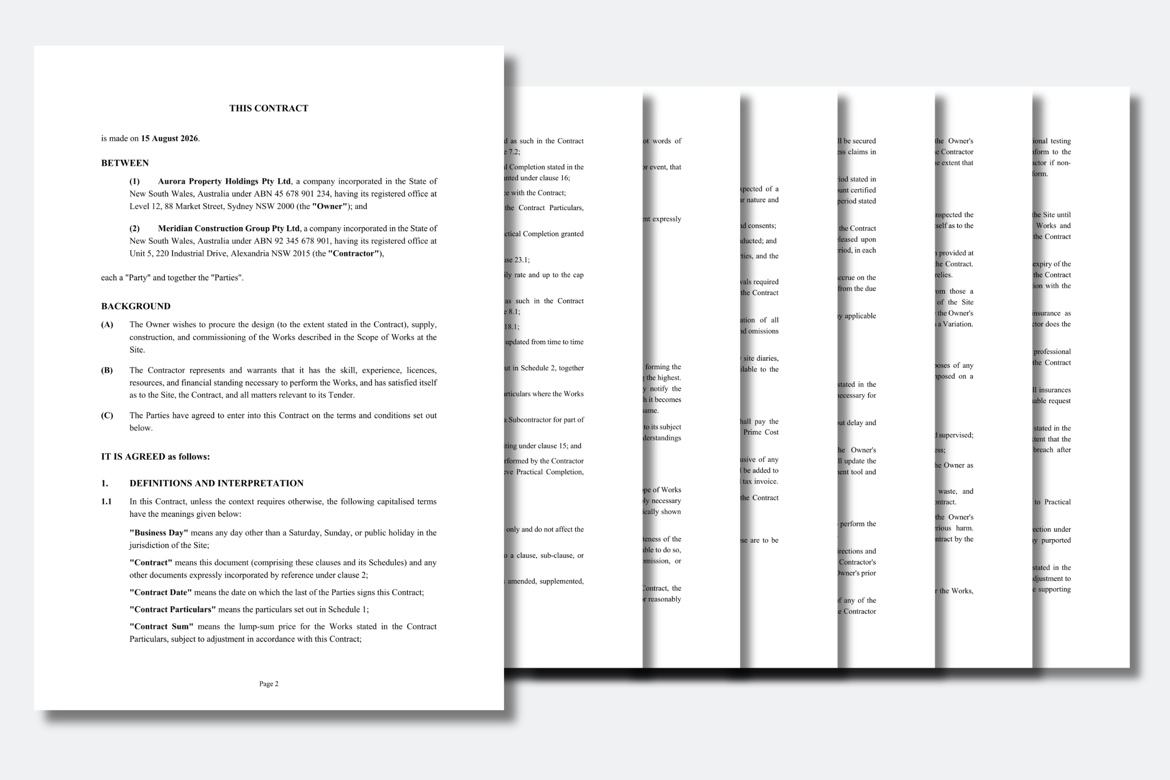 Example of a multi-page construction contract containing definitions, project obligations, payment terms, and other contract clauses.