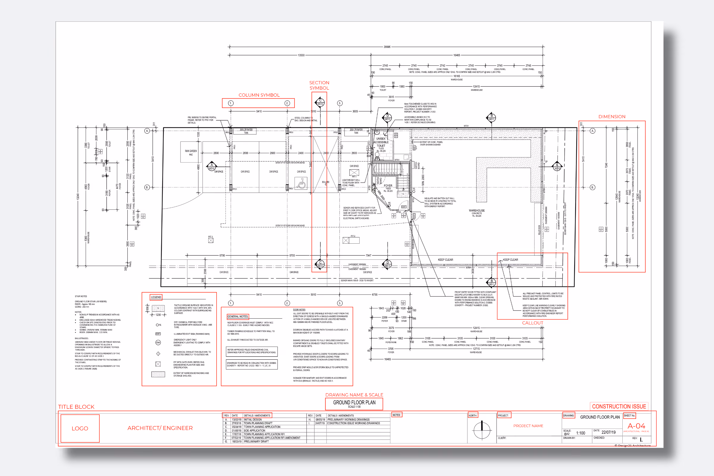 Annotated construction drawing showing a ground-floor plan with dimensions, section symbols, callouts, notes, legend, scale, and title block.