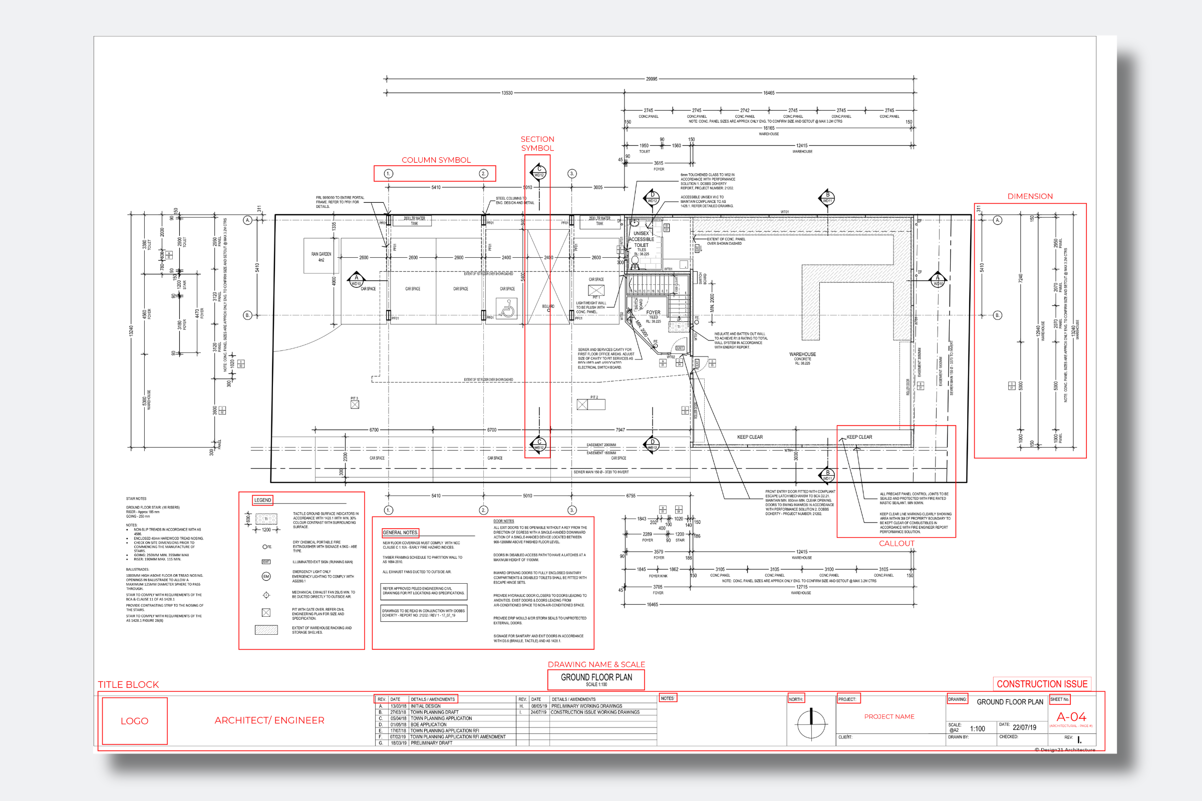 Annotated construction drawing showing a ground-floor plan with dimensions, section symbols, callouts, notes, legend, scale, and title block.