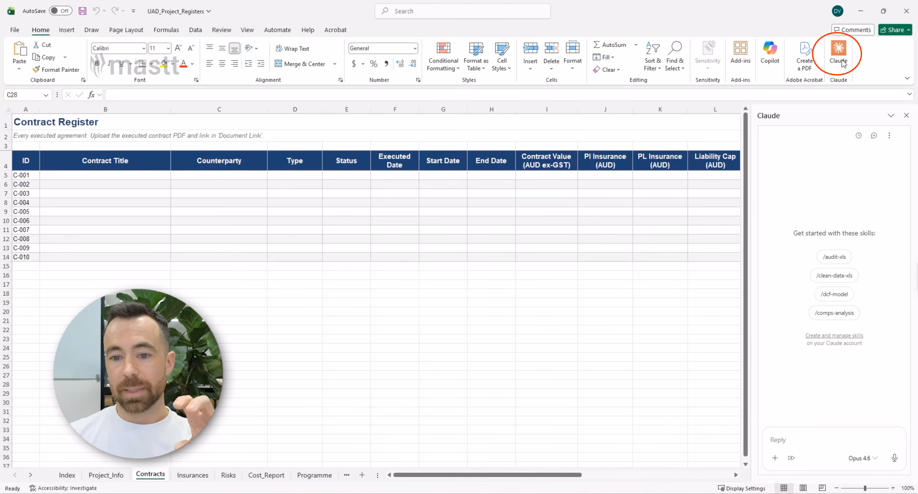 Empty Contract Register in Excel with the Claude add-in open beside the worksheet.