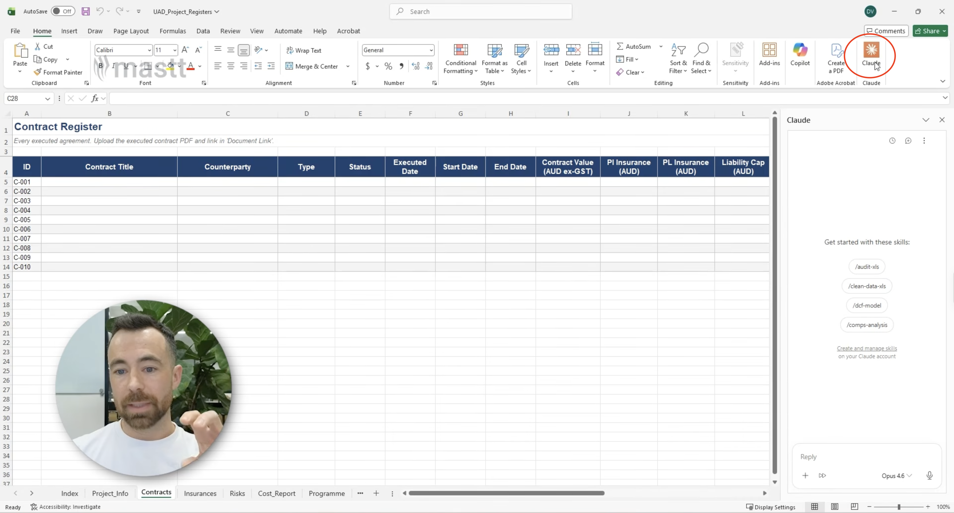 Empty Contract Register in Excel with the Claude add-in open beside the worksheet.