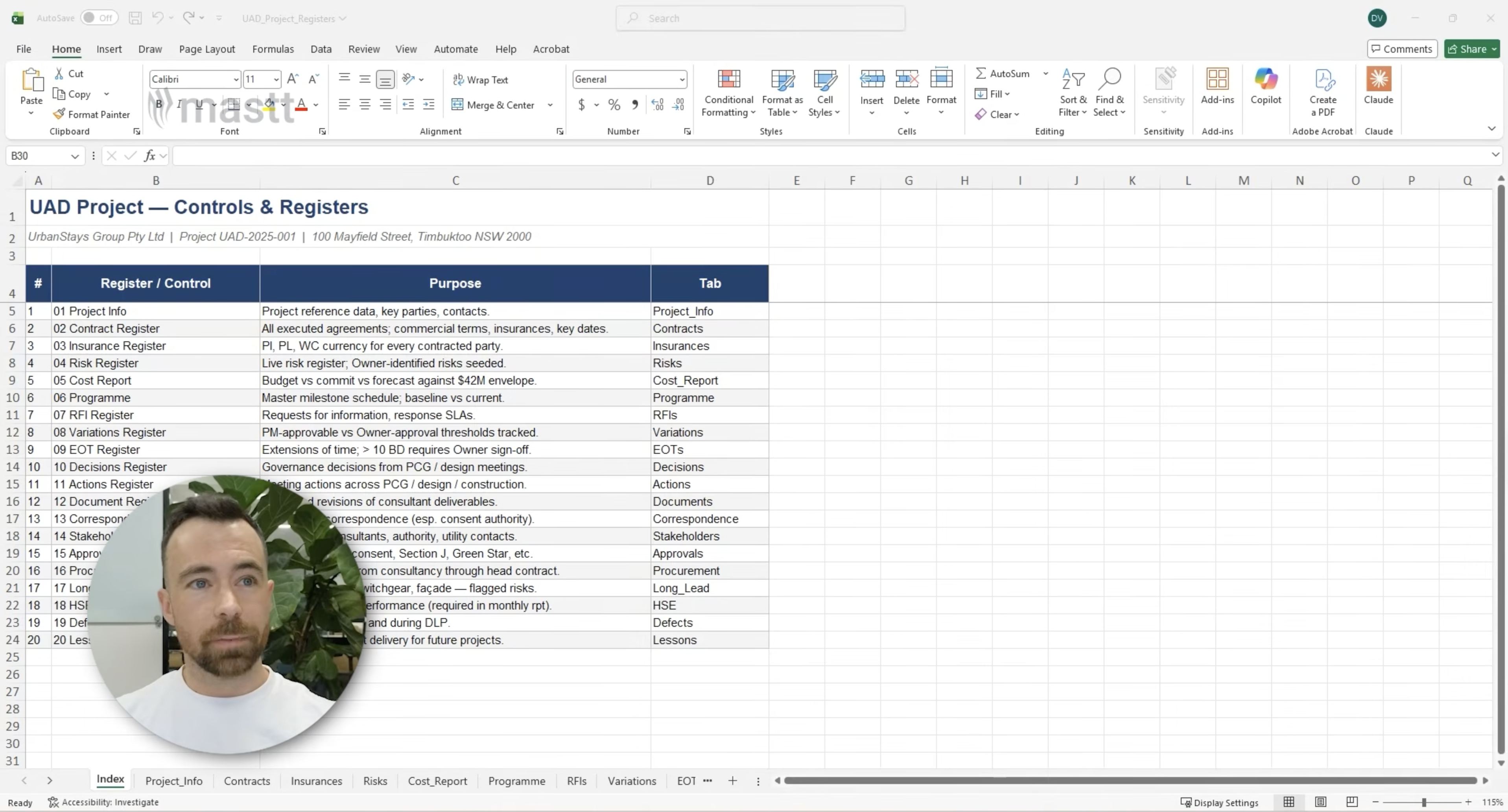 Excel workbook index listing the project controls, registers, purposes, and corresponding worksheet tabs.