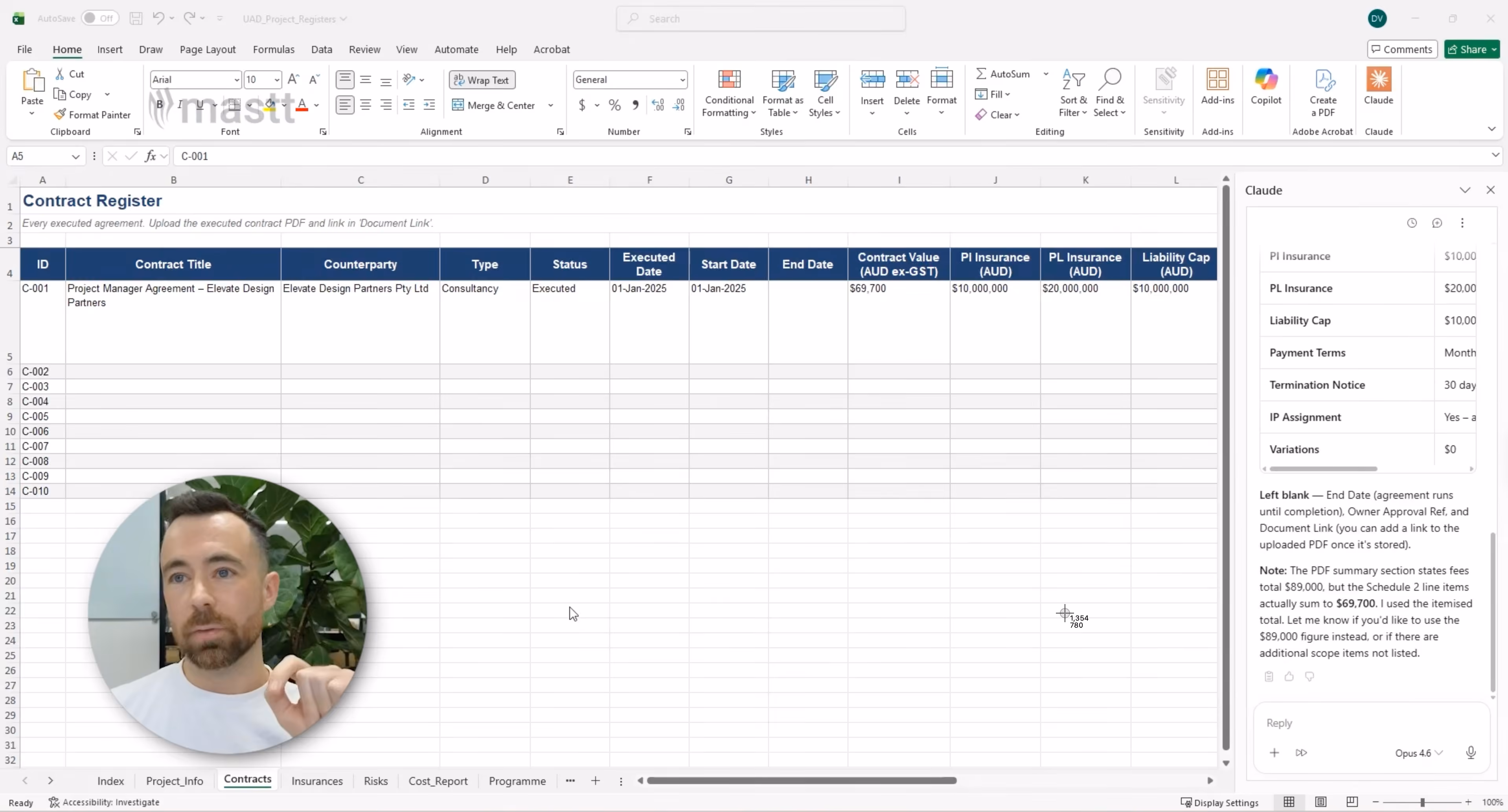 Contract Register populated with agreement details while Claude for Excel flags a difference in the stated contract value.