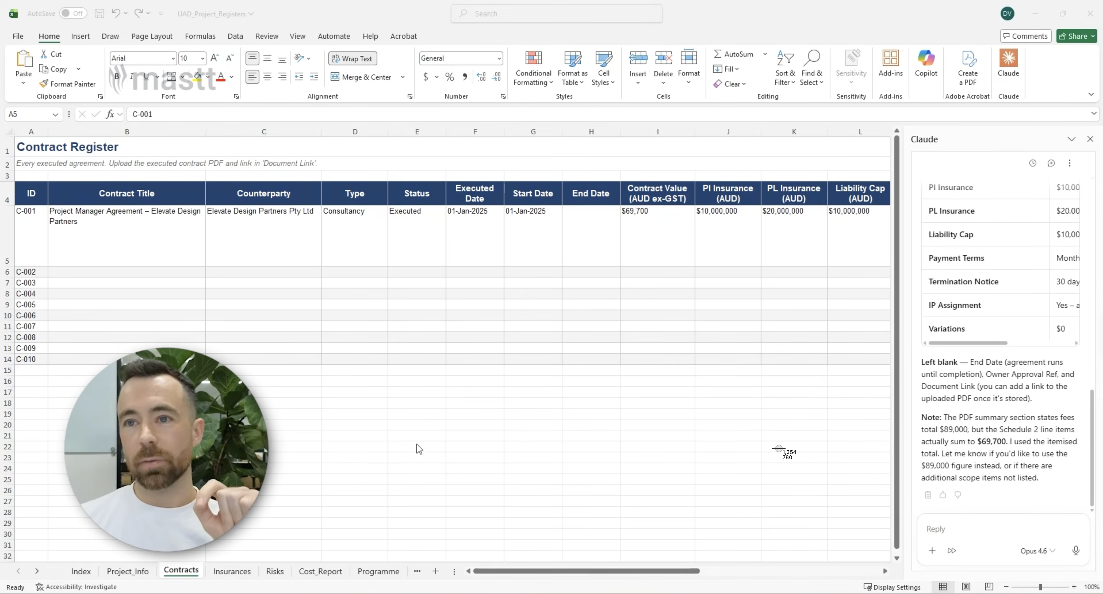 Contract Register populated with agreement details while Claude for Excel flags a difference in the stated contract value.