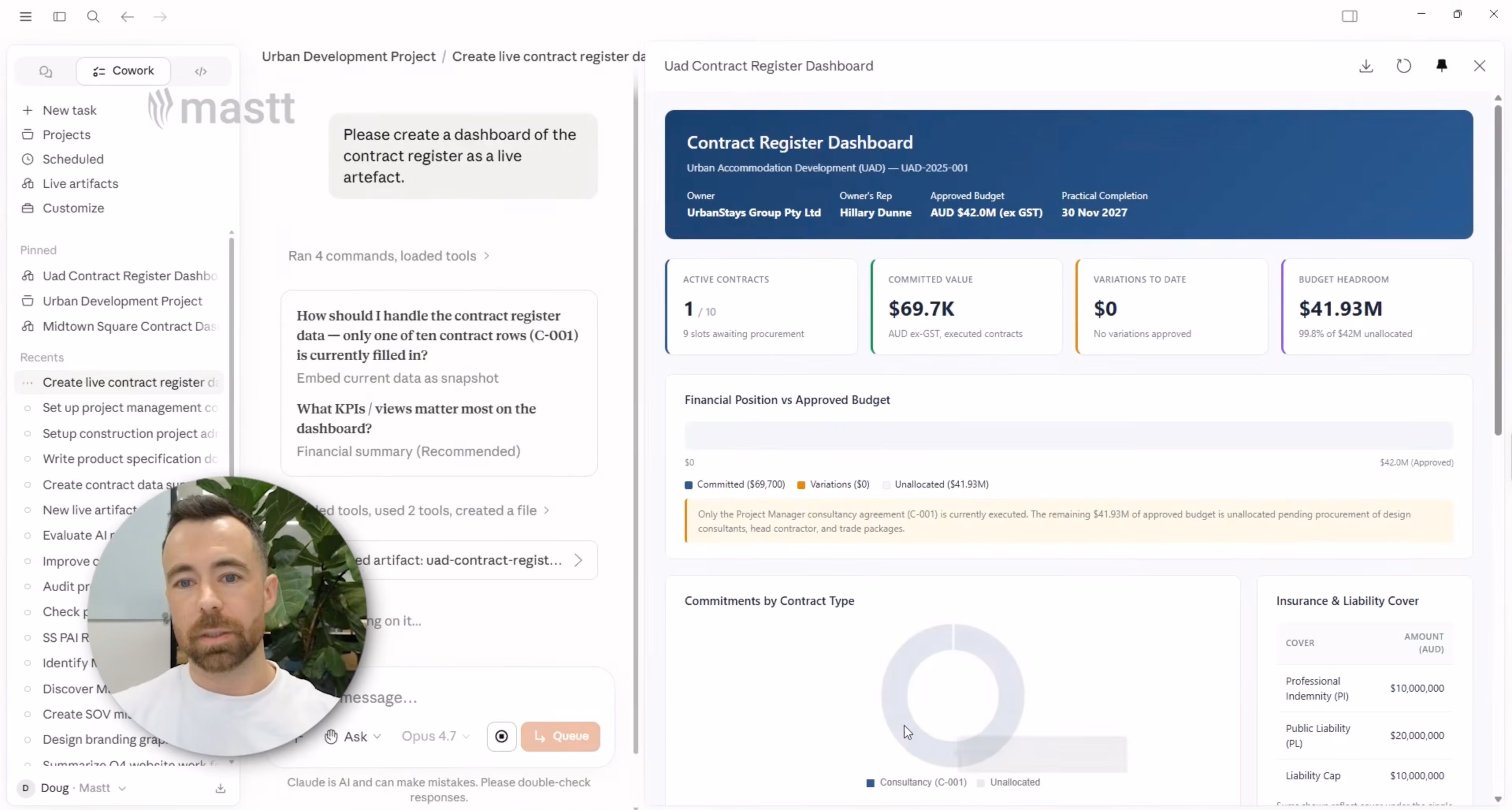 Claude Cowork live artifact showing contract value, active contracts, budget headroom, variations, and insurance cover.