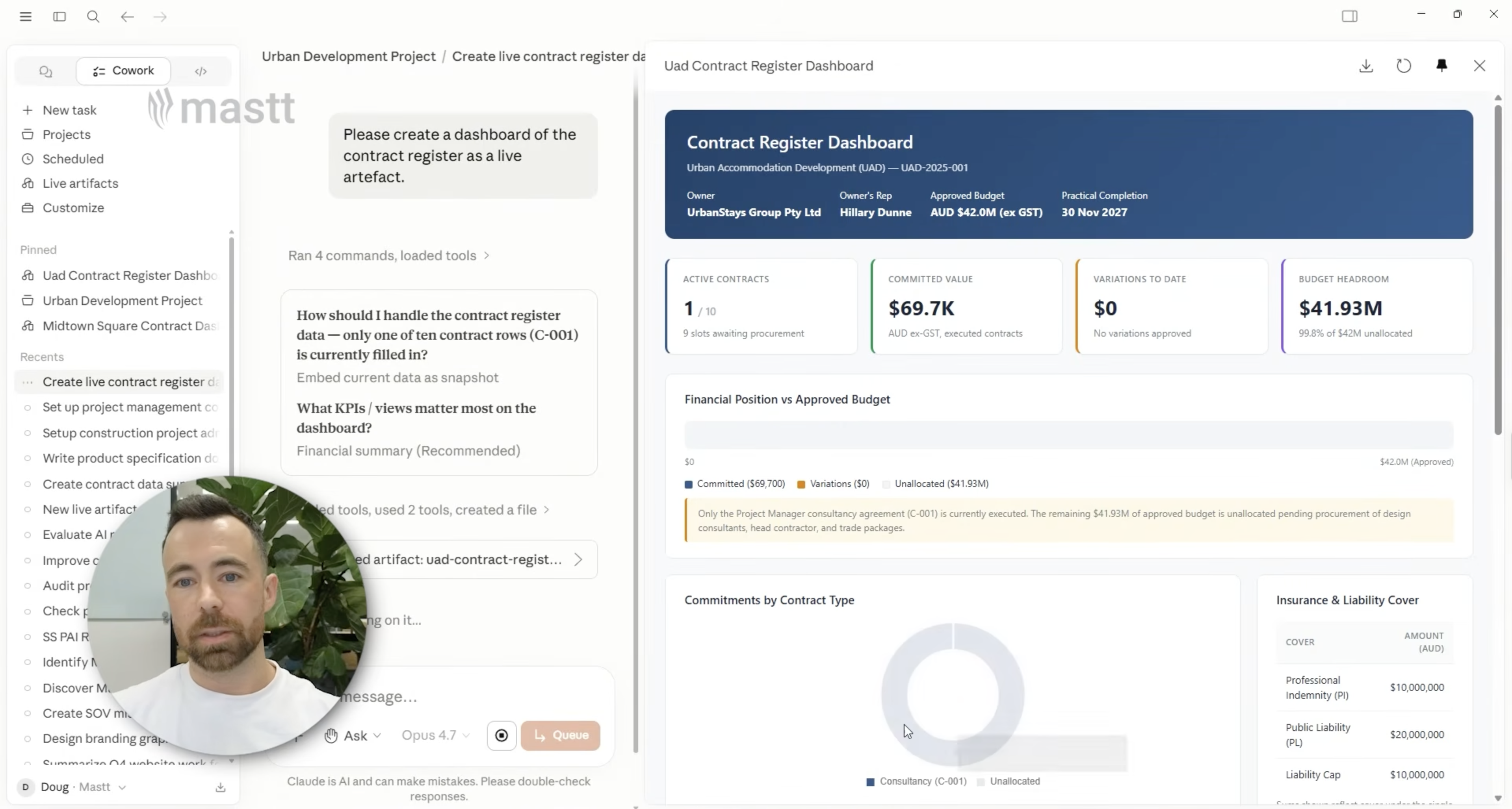 Claude Cowork live artifact showing contract value, active contracts, budget headroom, variations, and insurance cover.