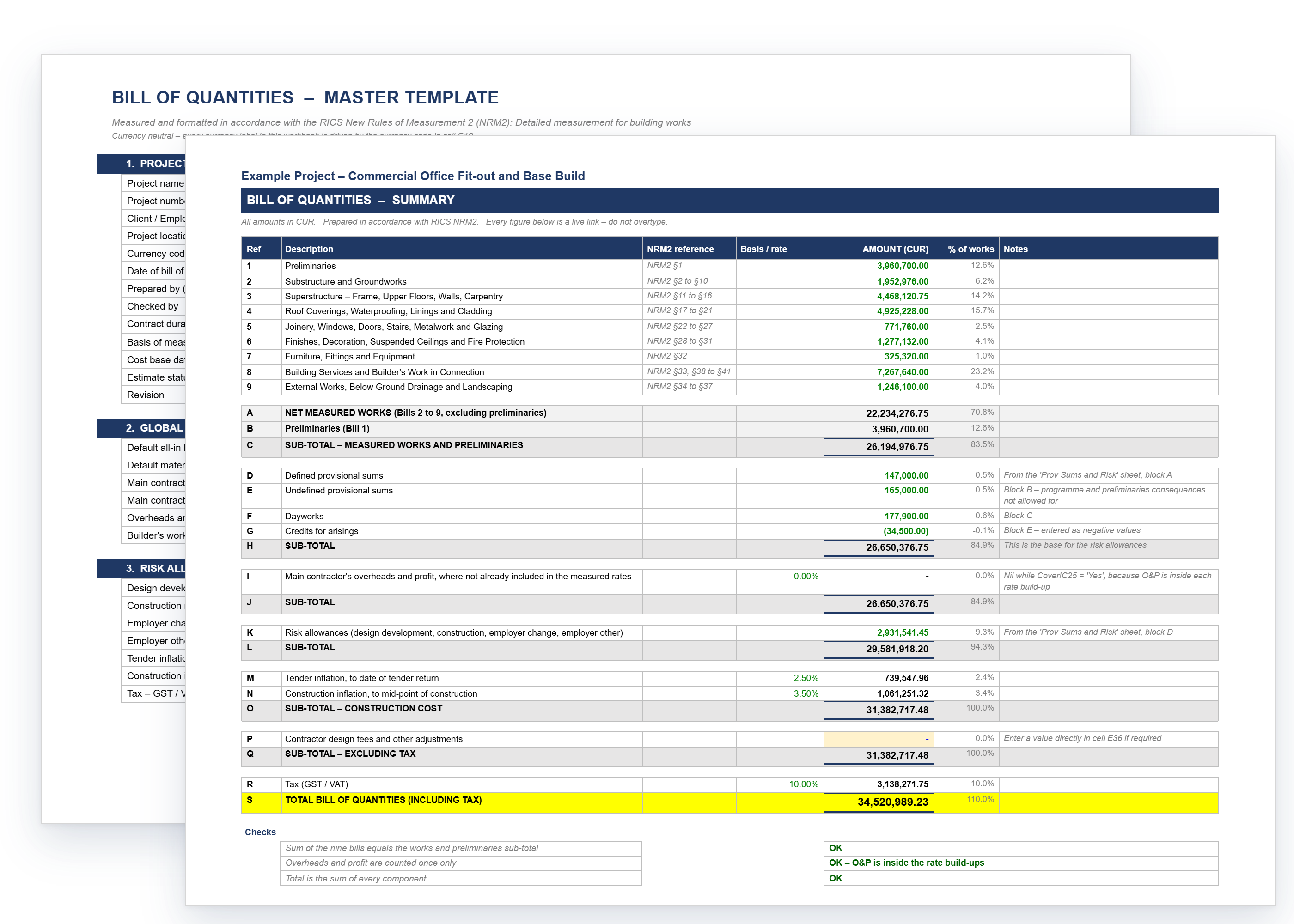 Bill of quantities template showing cost breakdowns, risk allowances, tax and totals for clearer construction budgeting.