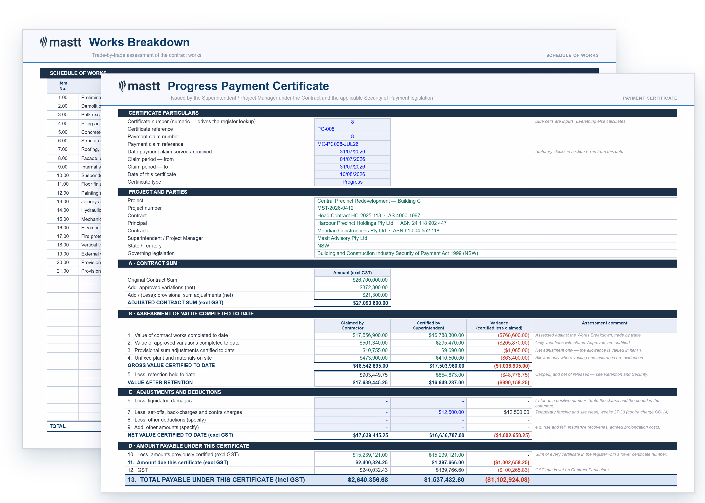 Payment certificate template in Excel showing certified value, retention, deductions, GST and total payable this certificate.
