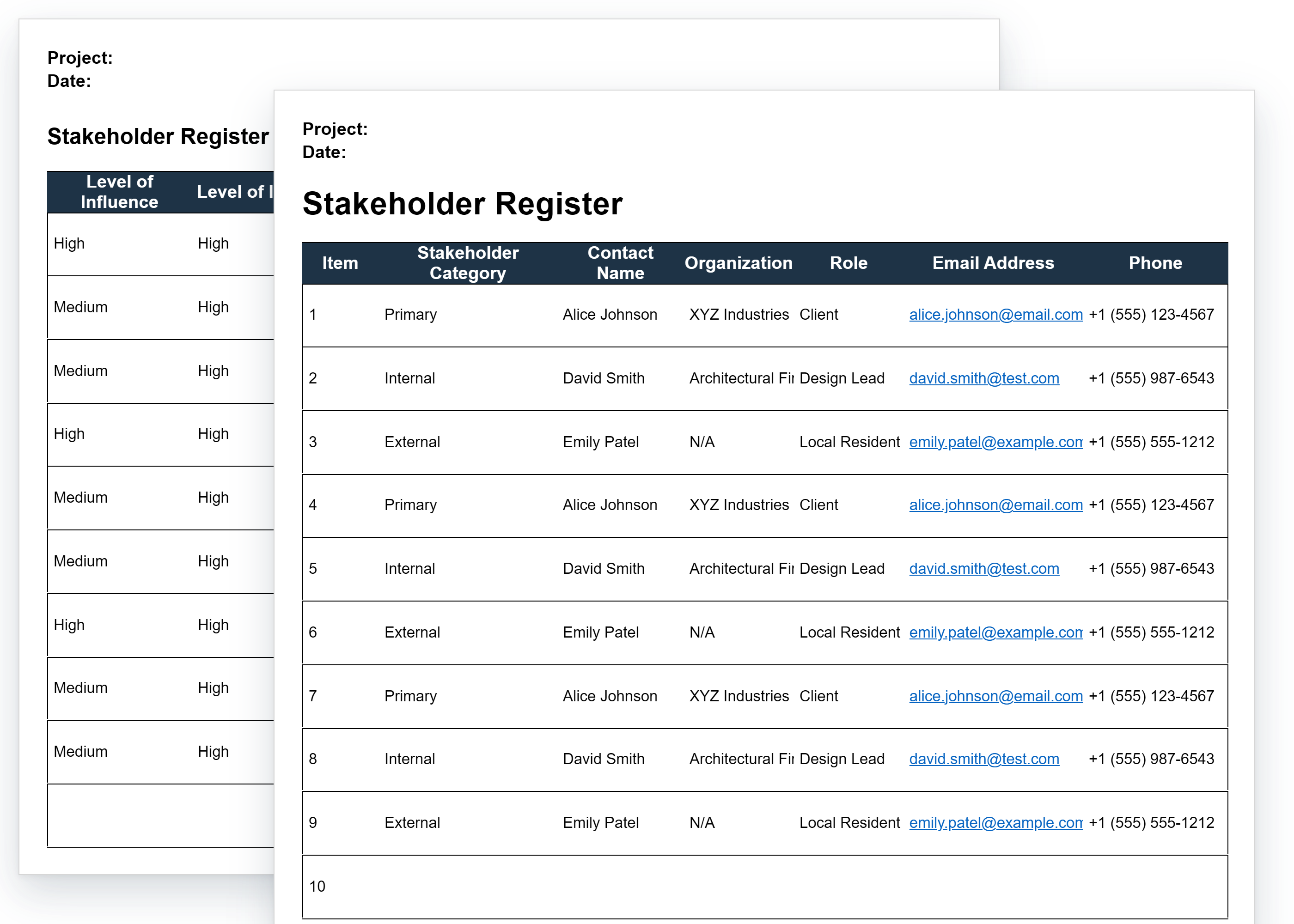 Stakeholder register template in Excel showing stakeholder category, contact, influence, interest, key concerns and engagement strategy.