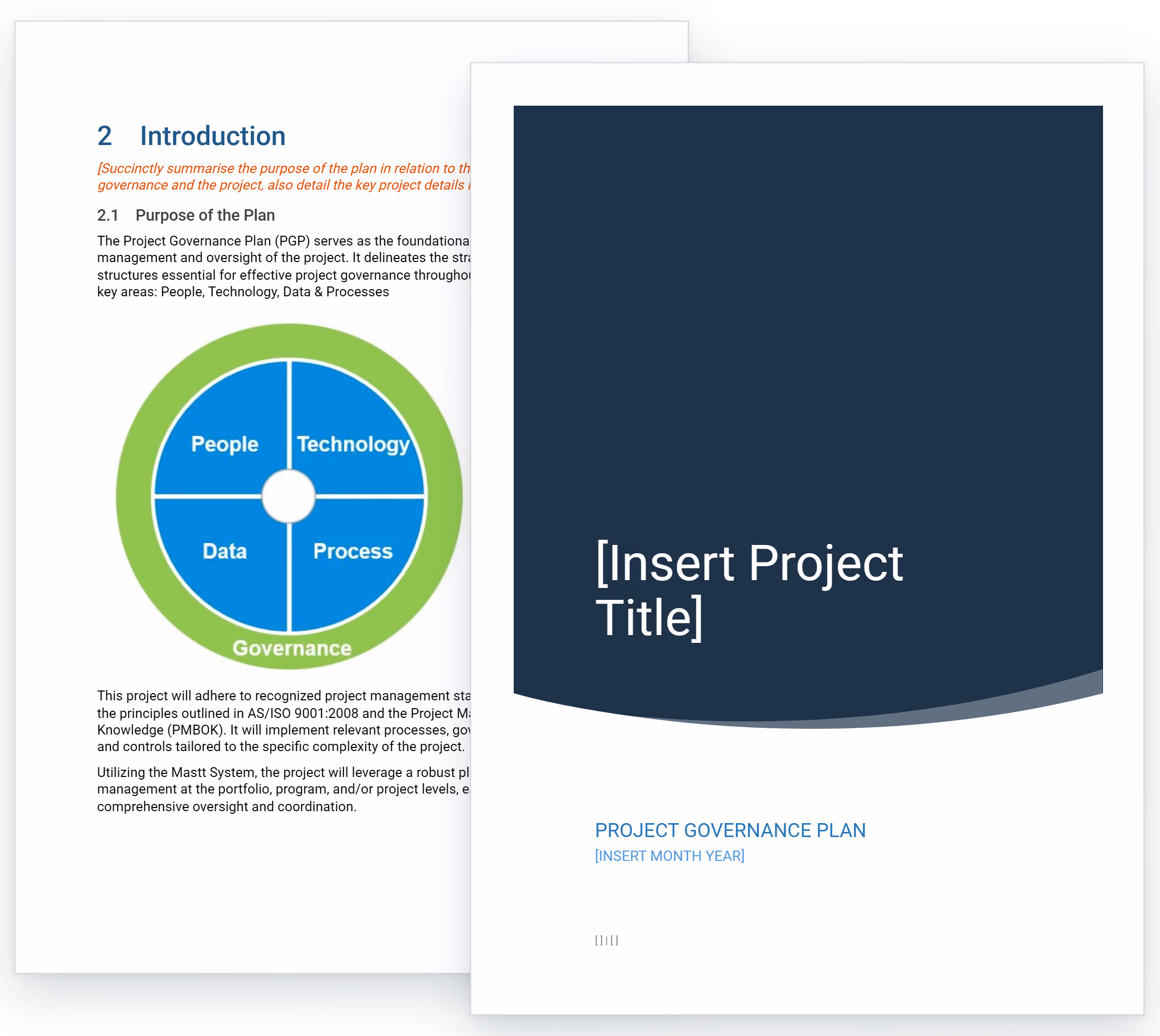 Project governance plan template in Word showing the cover page and introduction with the people, technology, data and process governance diagram.