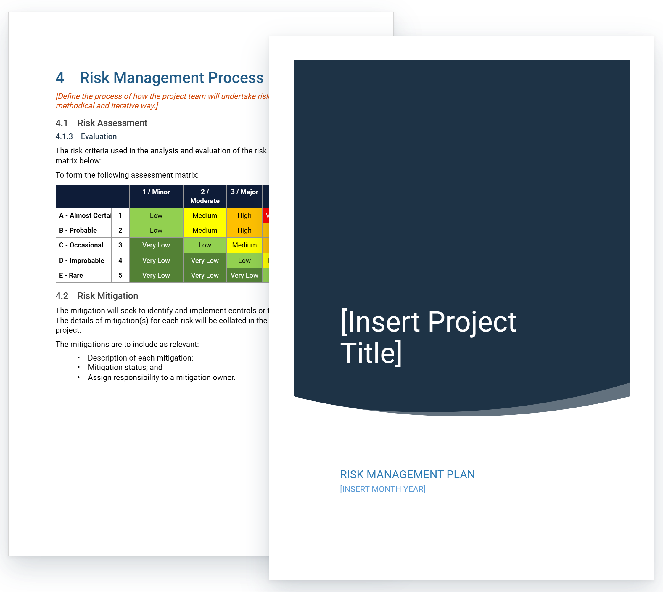 Risk management plan in Word showing the cover page and the 5x5 risk assessment matrix with likelihood and consequence ratings.