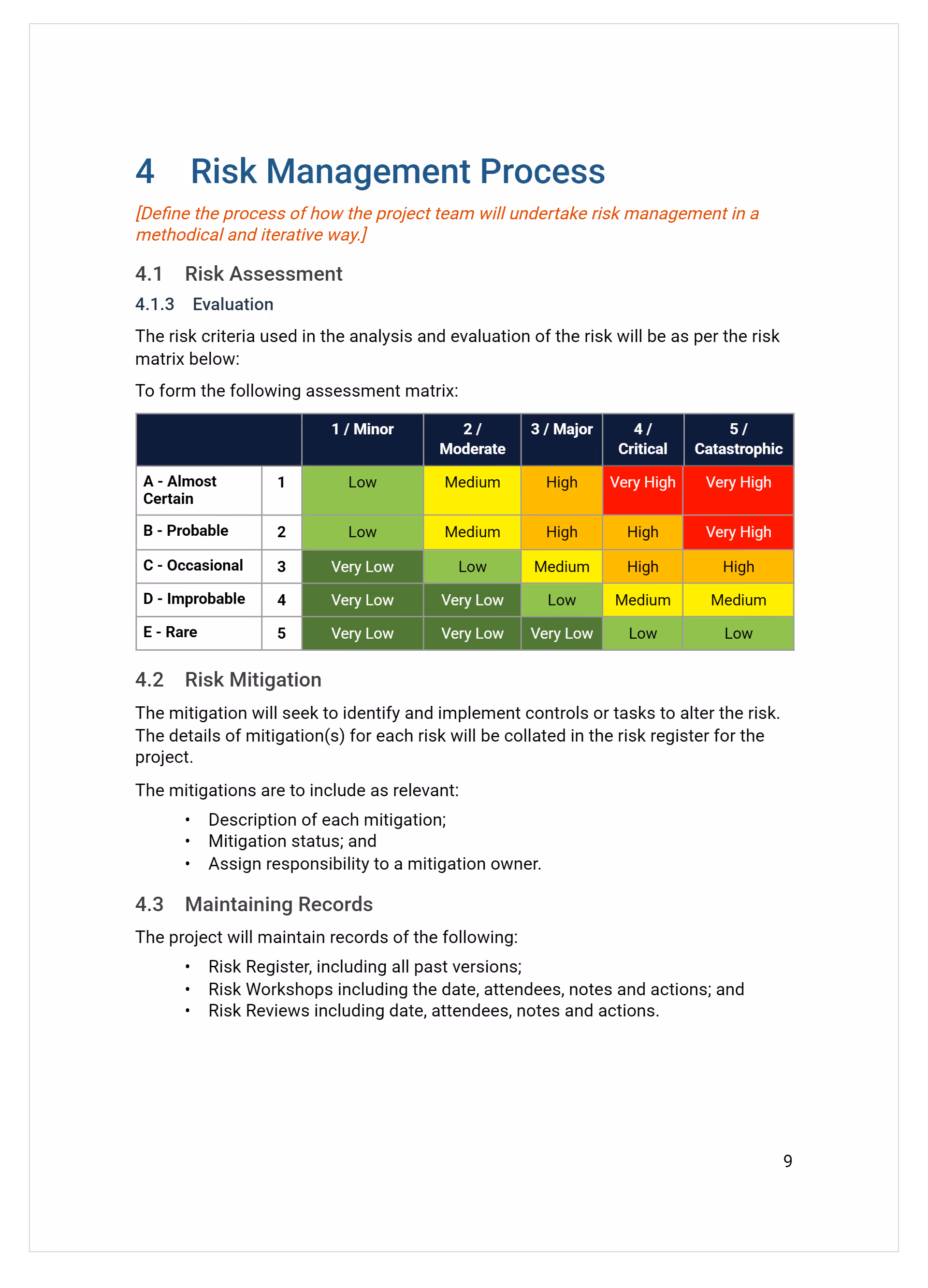 Risk management plan risk assessment matrix showing likelihood ratings A to E against consequence ratings 1 to 5.