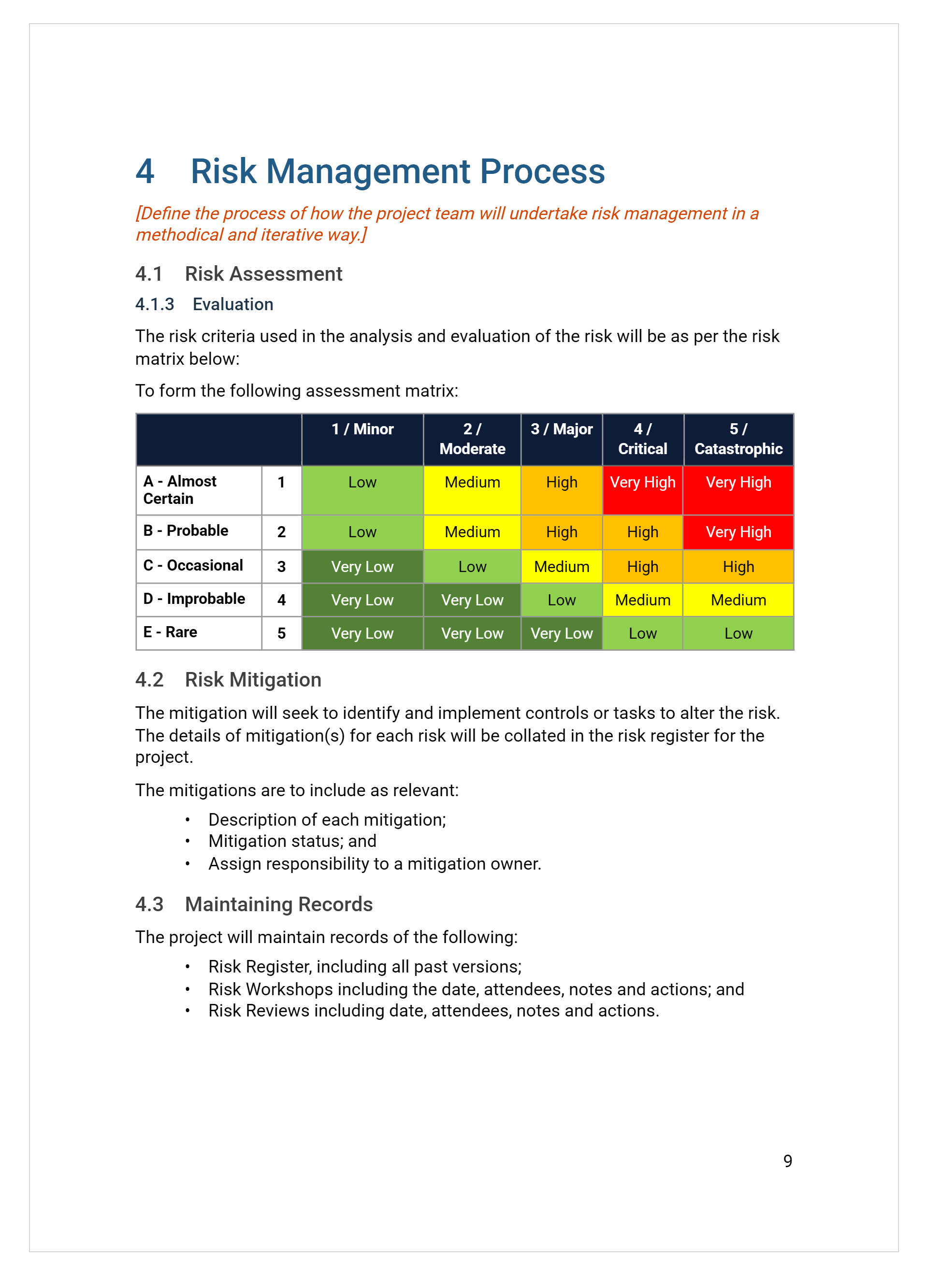 Risk management plan risk assessment matrix showing likelihood ratings A to E against consequence ratings 1 to 5.