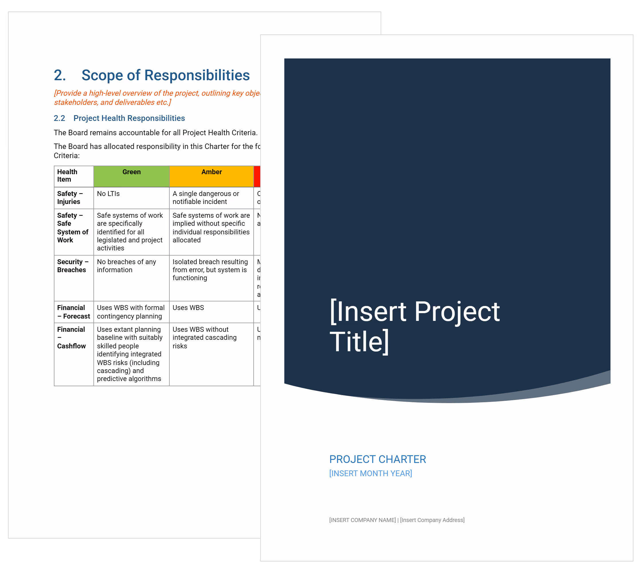 Project charter template in Word showing the cover page and project health criteria table with green, amber and red rating columns.