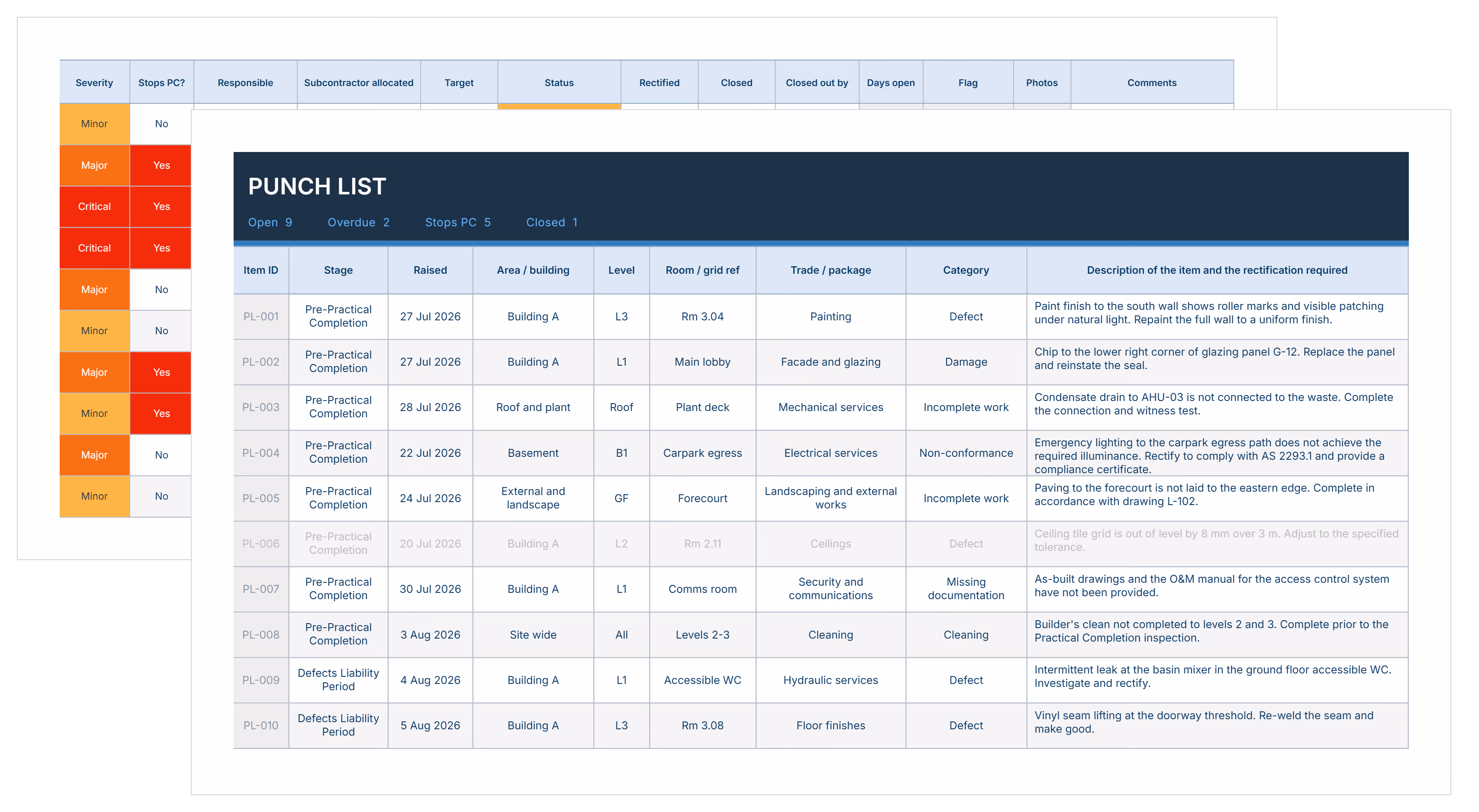 Construction punch list template in Excel showing a defects register with item IDs, descriptions, severity and status color coding.