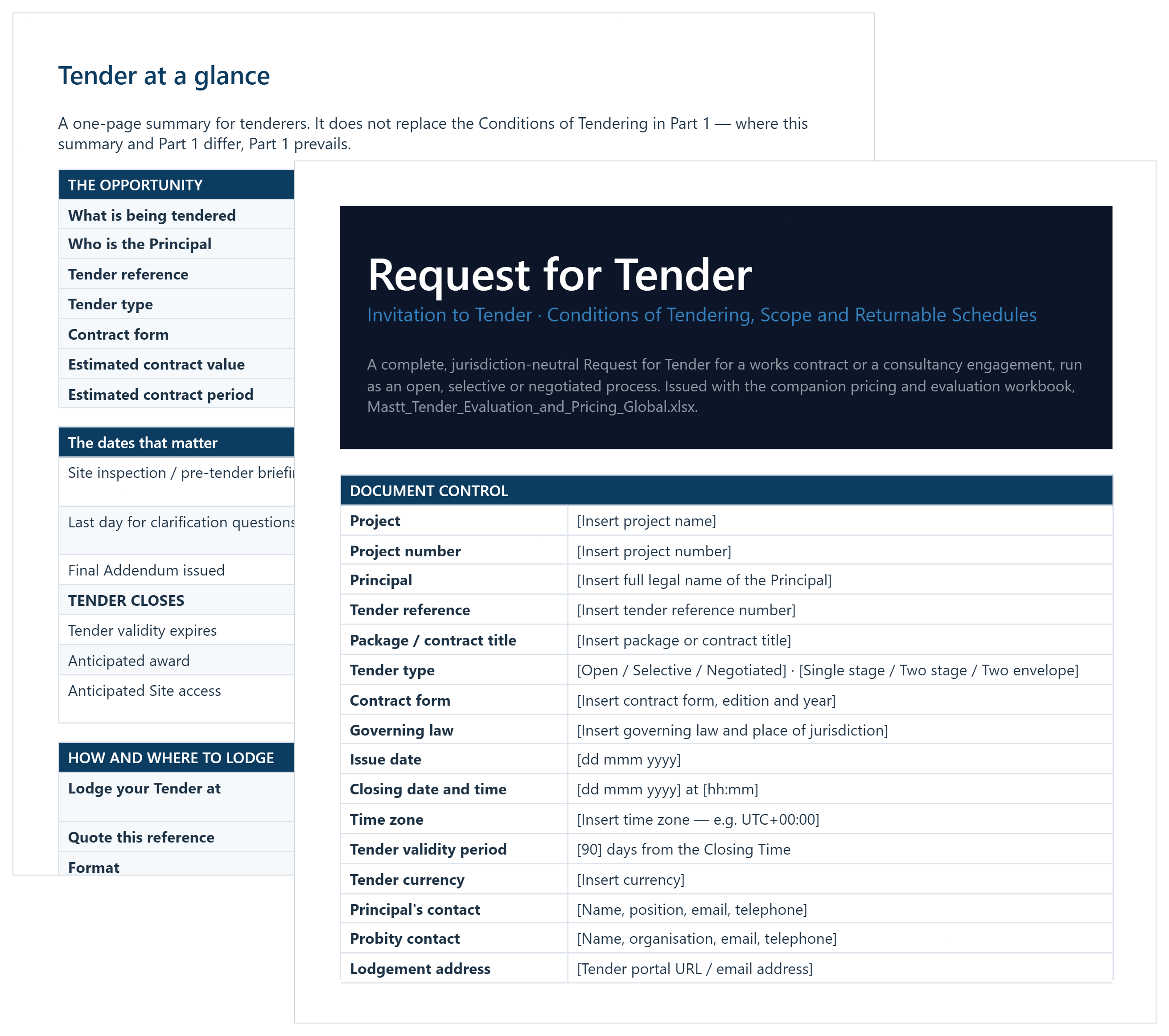 Tender document template in Word showing the request for tender cover page and document control table.
