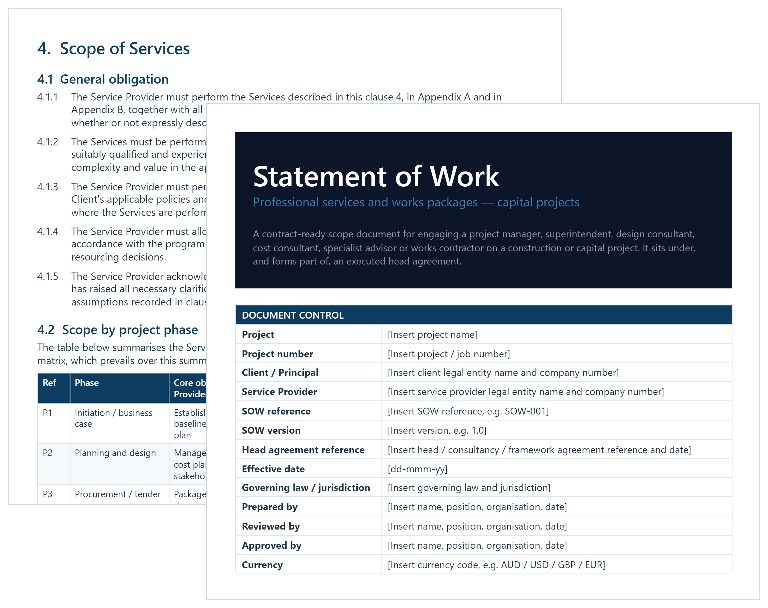Statement of work template in Word showing the cover page and document control table for a capital project engagement.