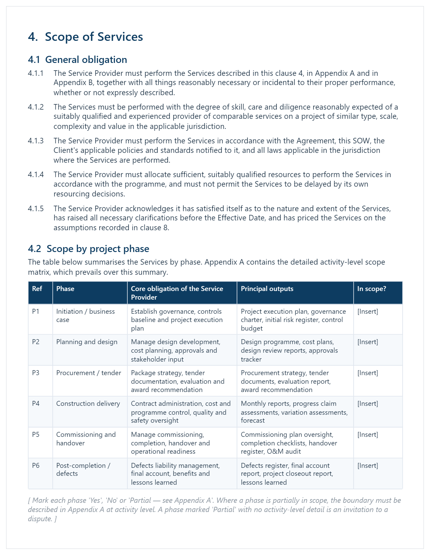 Example statement of work scope of services page showing general obligations and the scope by project phase table.