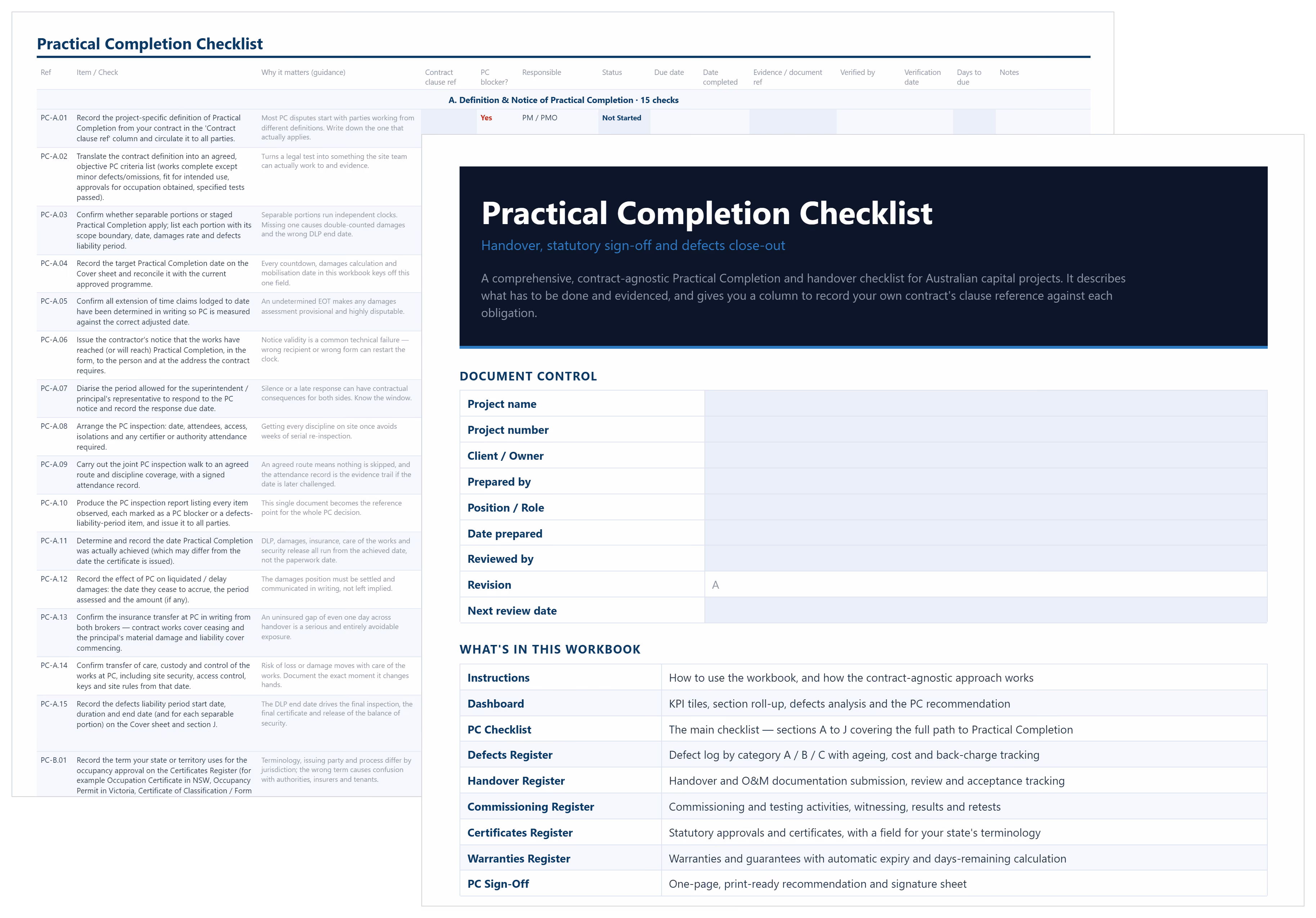 Practical completion checklist template in Excel showing the cover sheet and the PC checklist with blockers and status.
