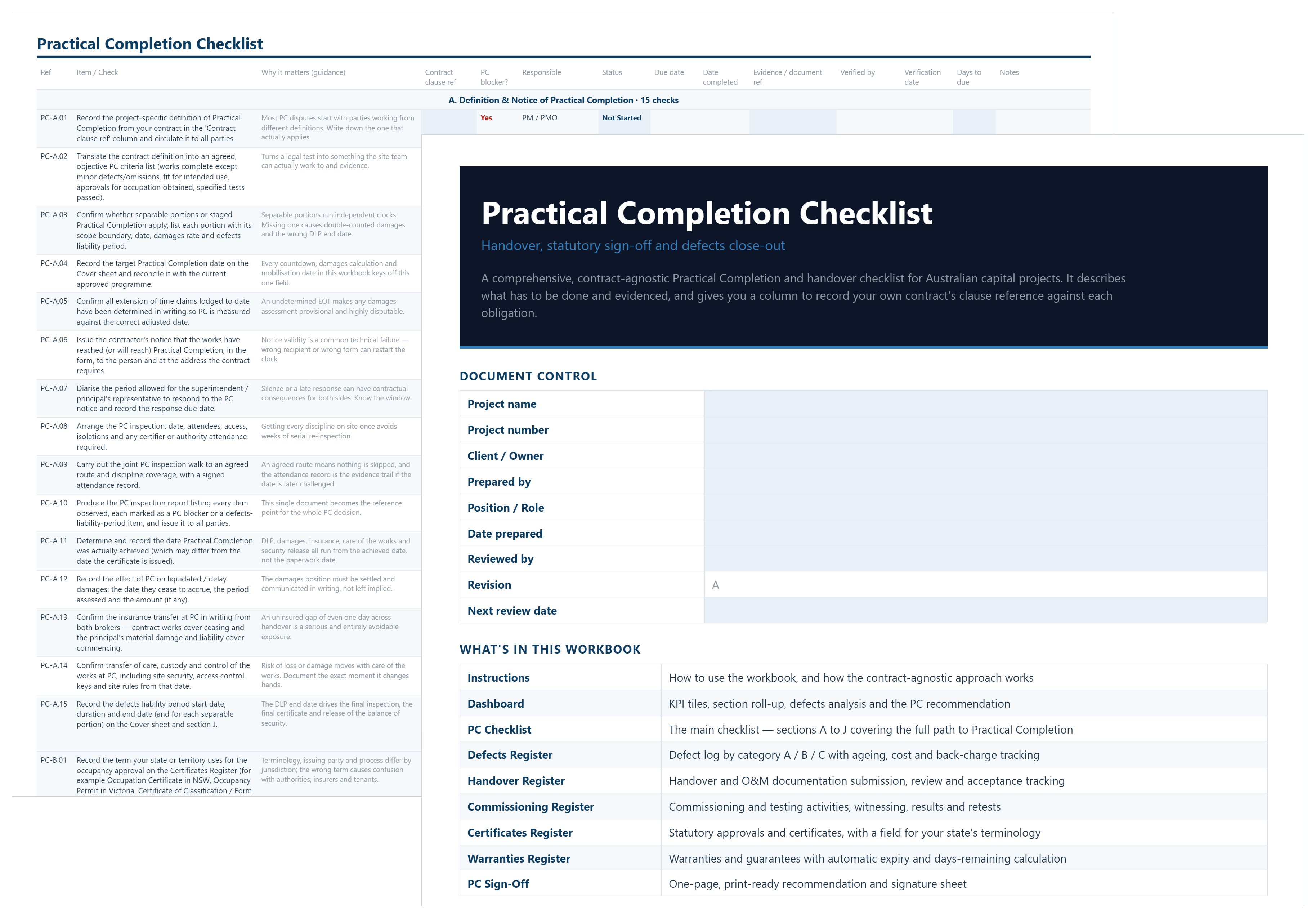 Practical completion checklist template in Excel showing the cover sheet and the PC checklist with blockers and status.