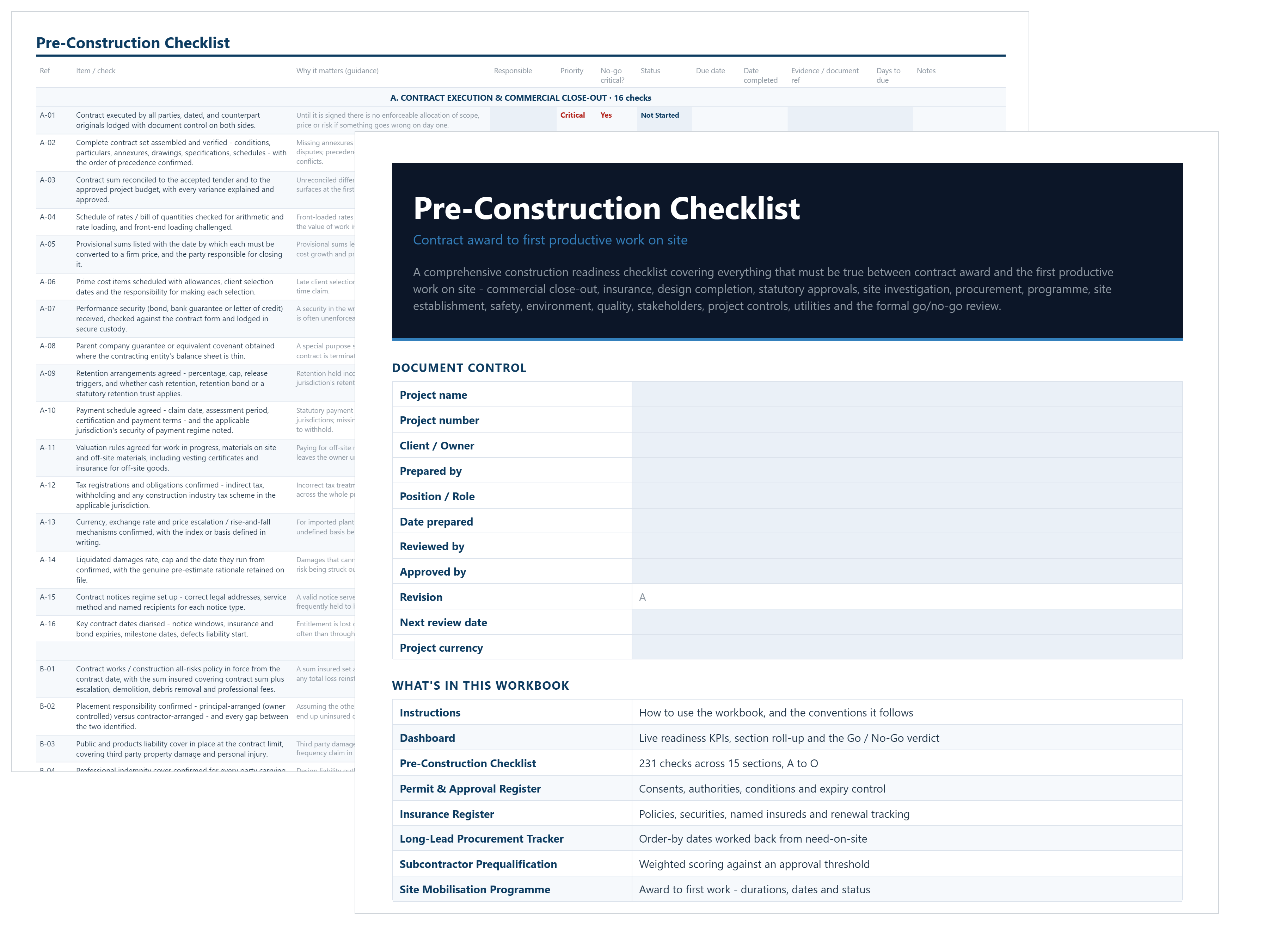 Pre-construction checklist template in Excel showing the cover sheet and the readiness checklist with priority and no-go flags.