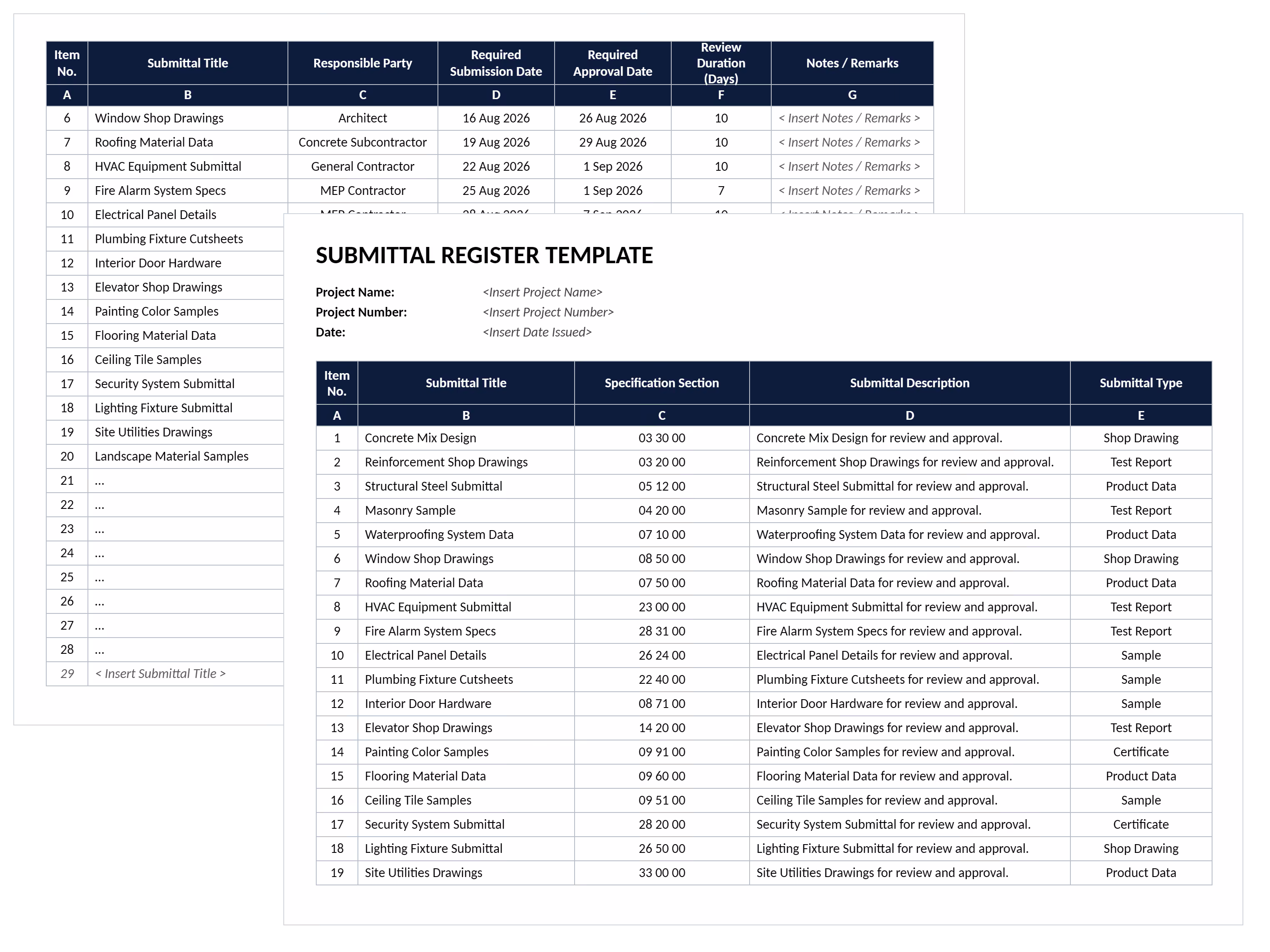 Submittal register template in Excel showing submittal titles, spec sections, types, responsible parties and review dates.