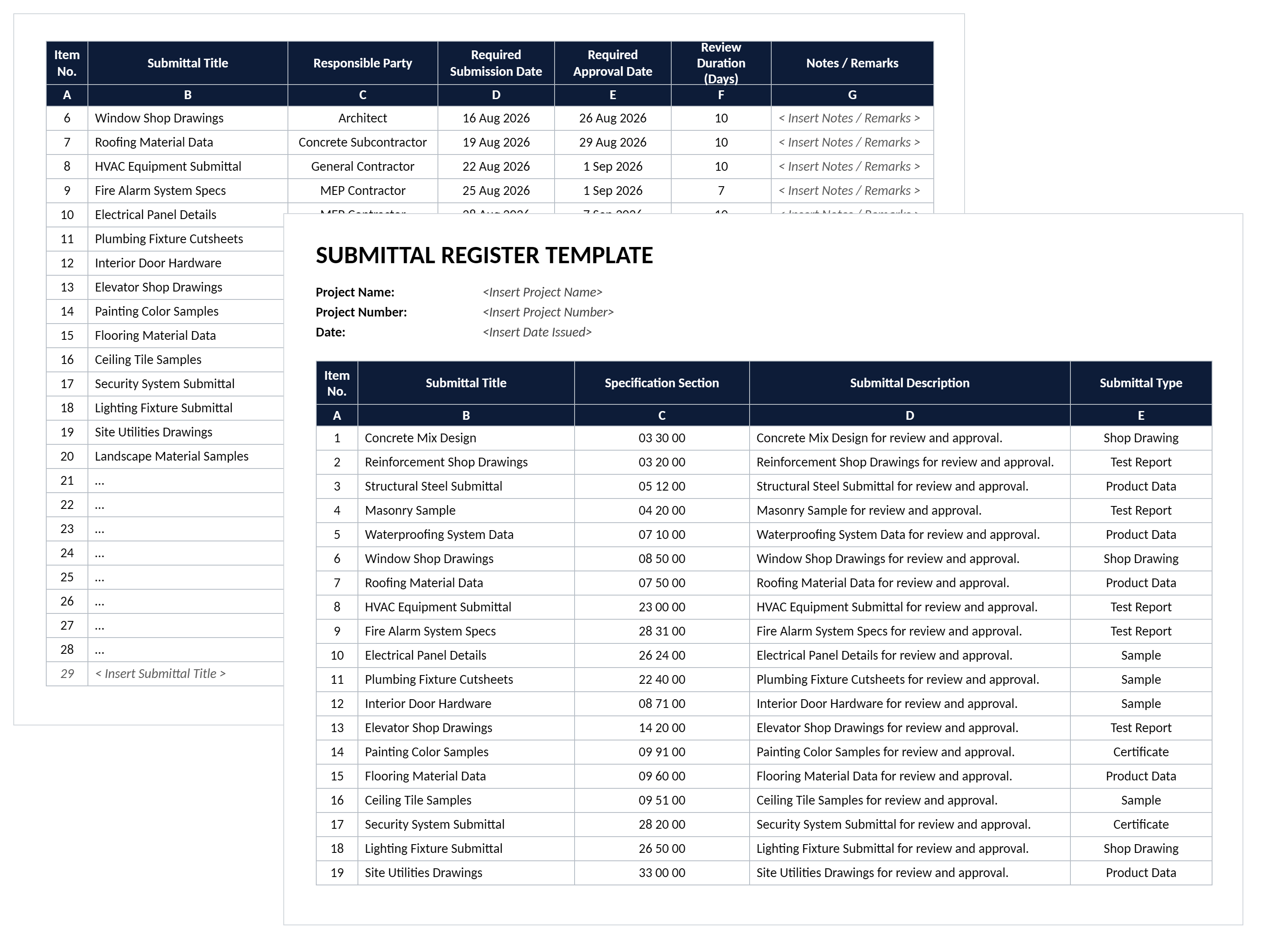 Submittal register template in Excel showing submittal titles, spec sections, types, responsible parties and review dates.