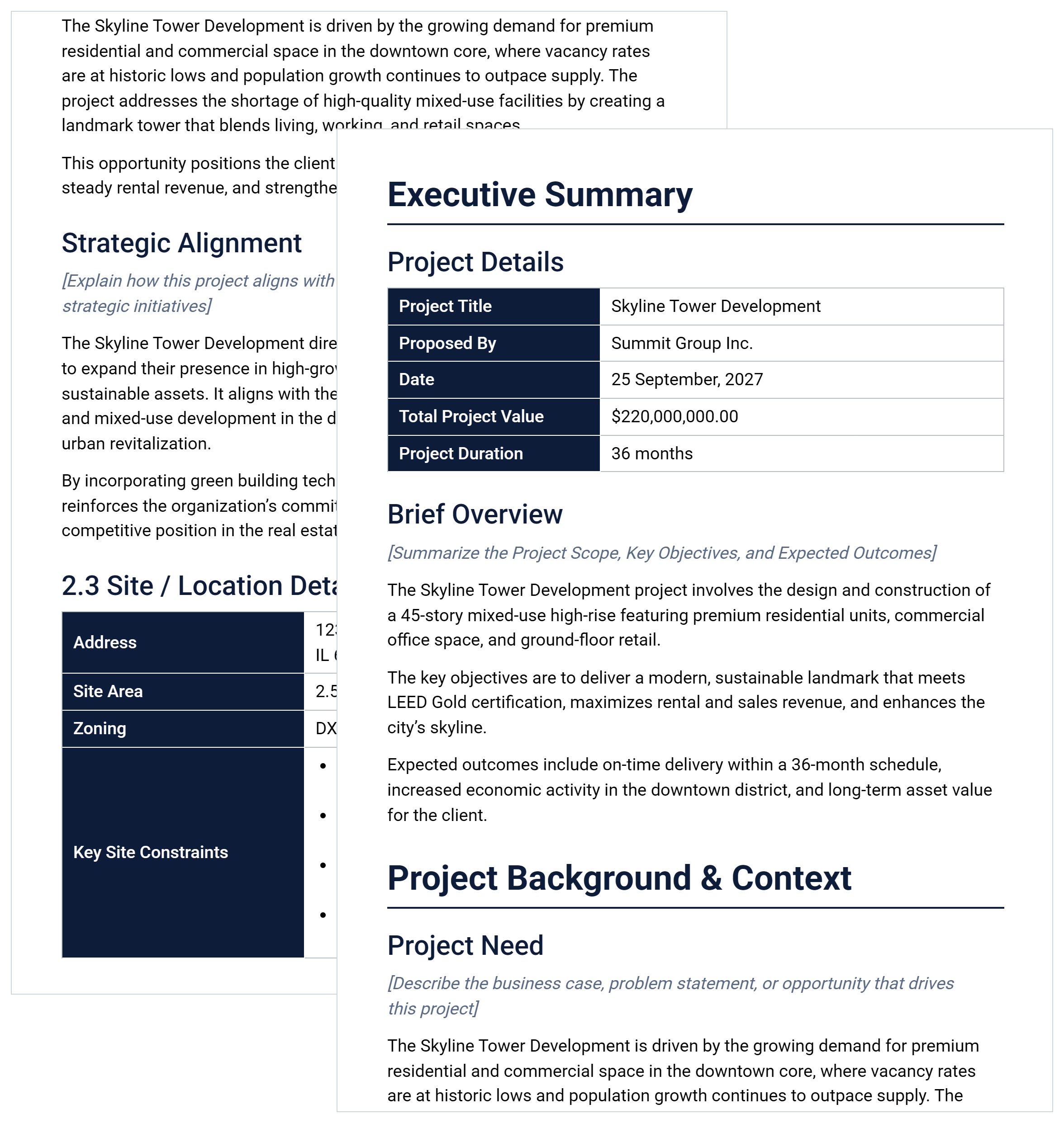 Project proposal template in Word showing the executive summary, project details table and site location details.