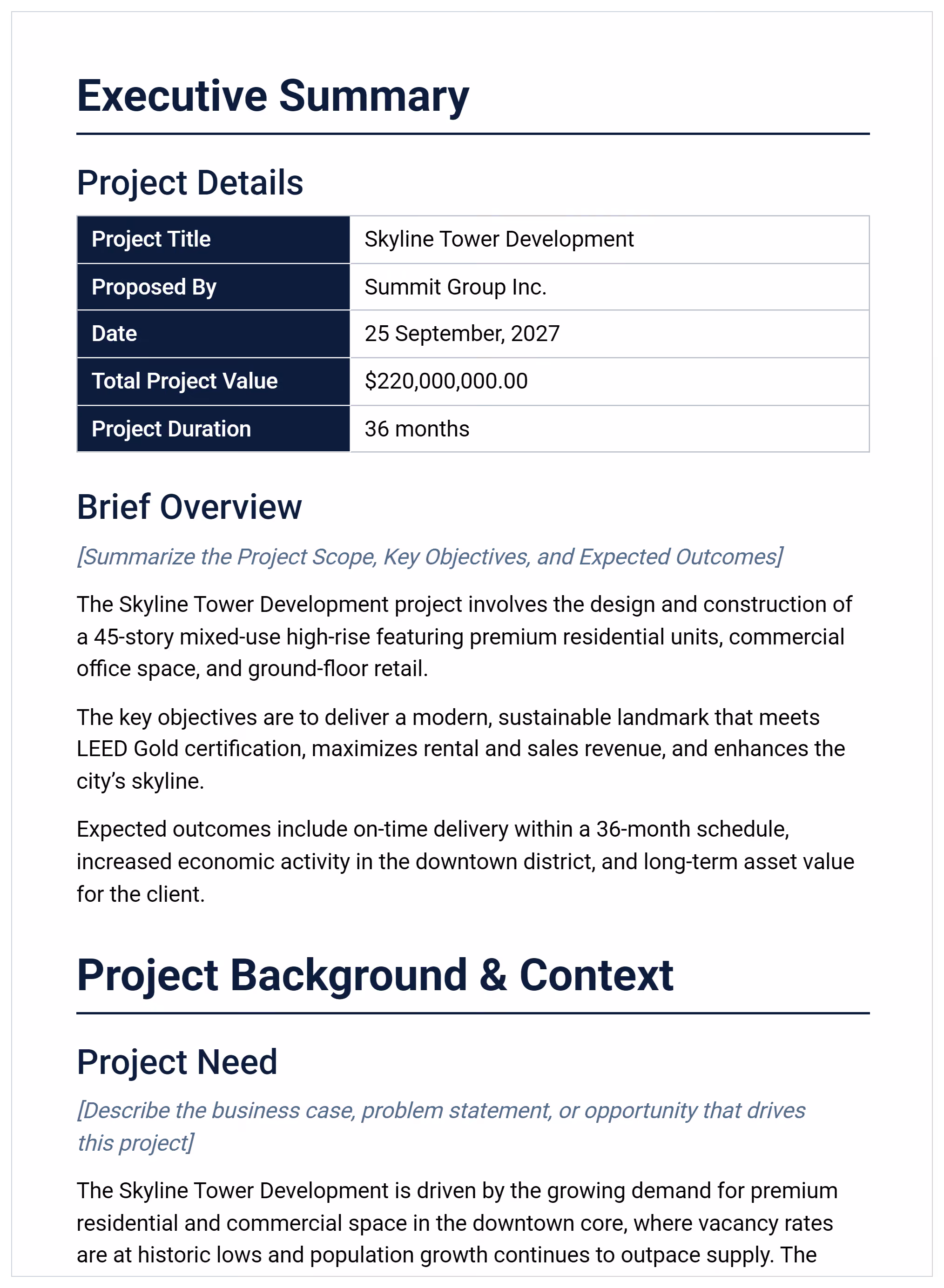 Project proposal example showing executive summary with project title, value, duration, brief overview and project background section.