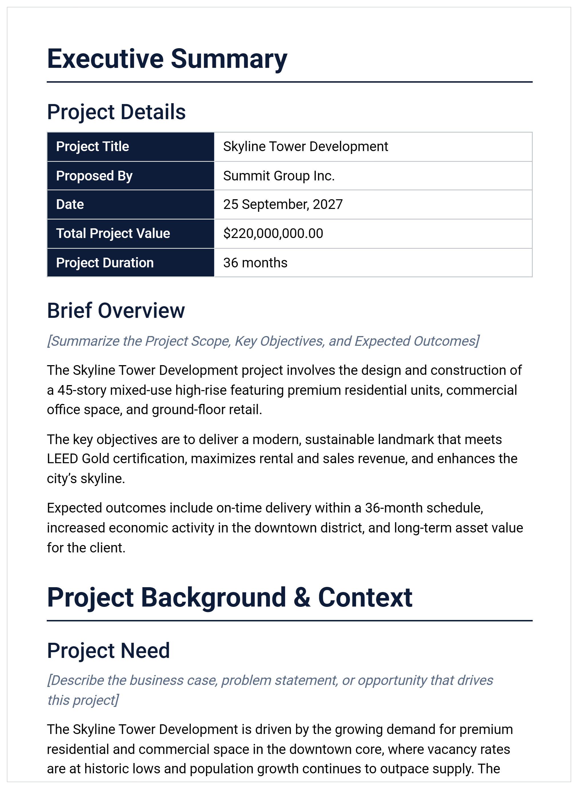 Project proposal example showing executive summary with project title, value, duration, brief overview and project background section.