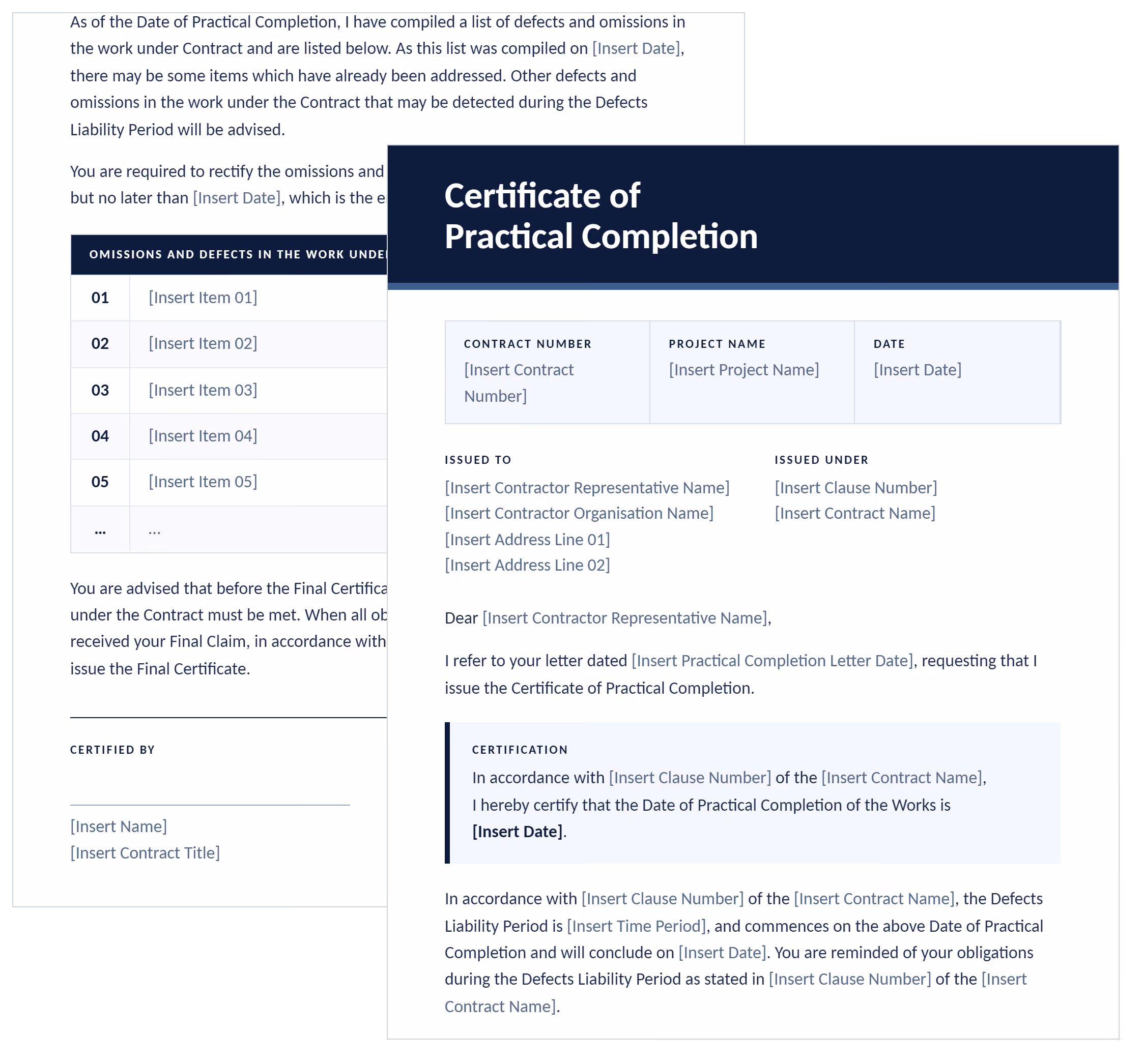 Practical completion certificate template showing the certification clause, defects list and signature block.