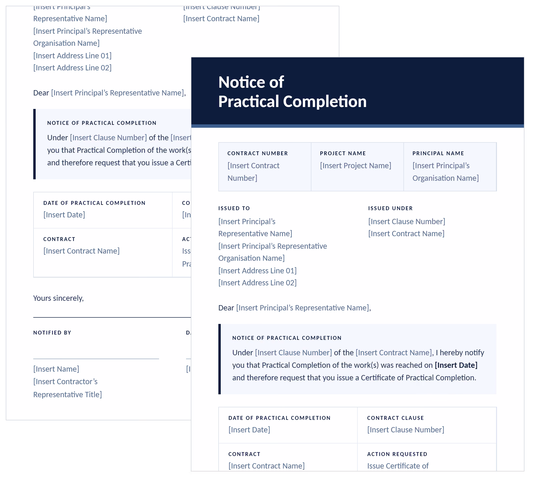 Practical completion letter template showing the notice of practical completion, key contract facts and signature block.
