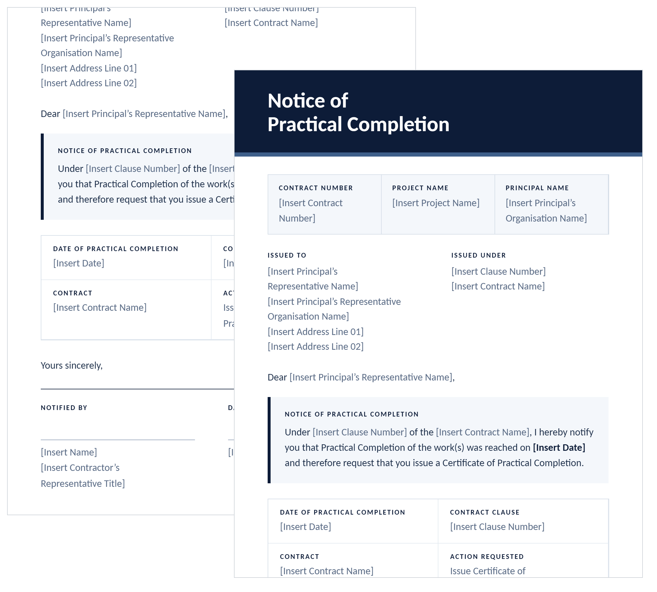 Practical completion letter template showing the notice of practical completion, key contract facts and signature block.