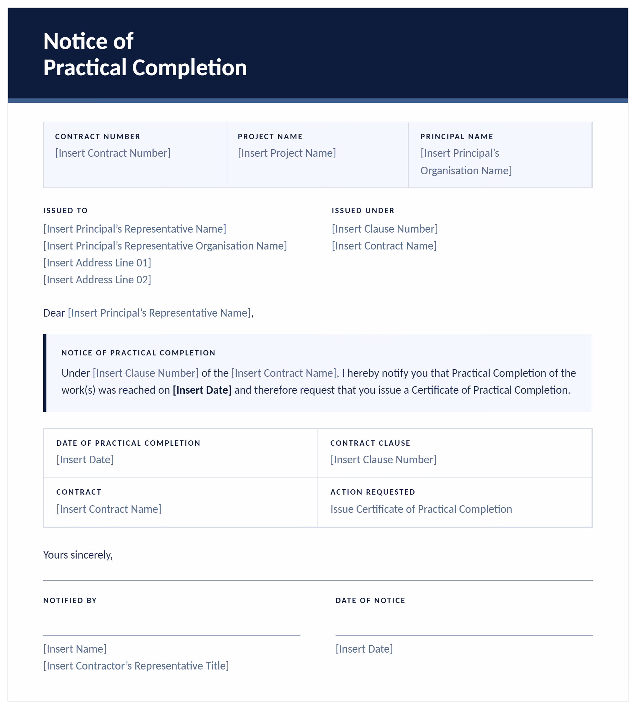 Notice of practical completion sample stating the date practical completion was reached and requesting the certificate.