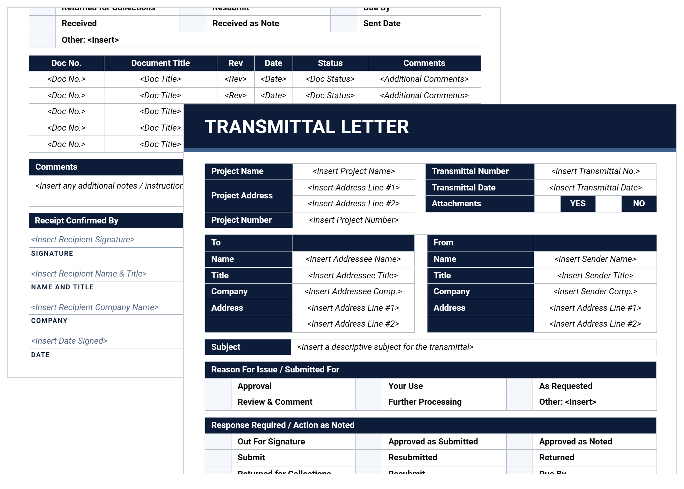 Transmittal letter template in Word showing project details, To and From blocks, reason for issue and document schedule.