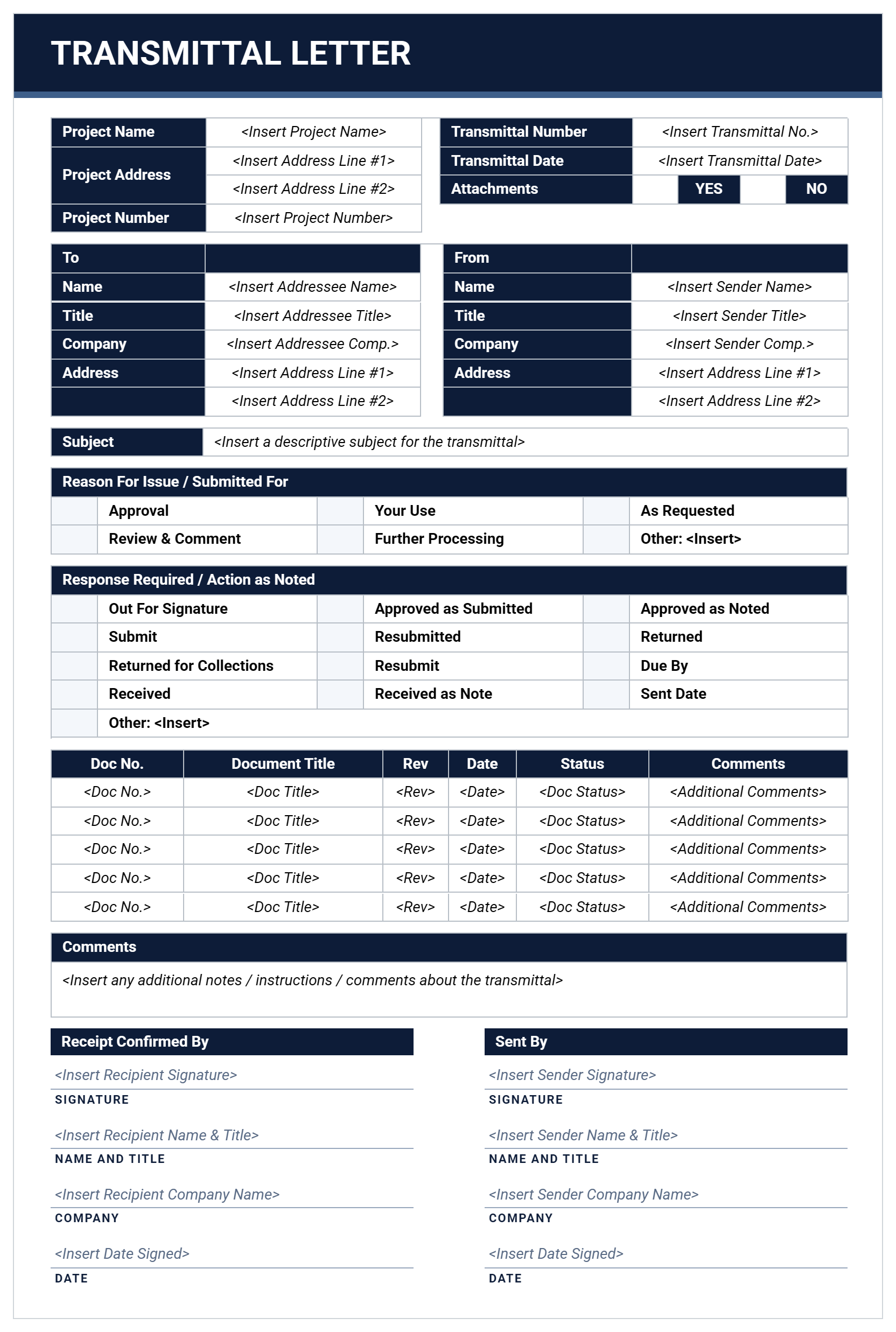 Construction transmittal letter with transmittal number, subject, reason for issue checkboxes, document schedule and signature blocks.