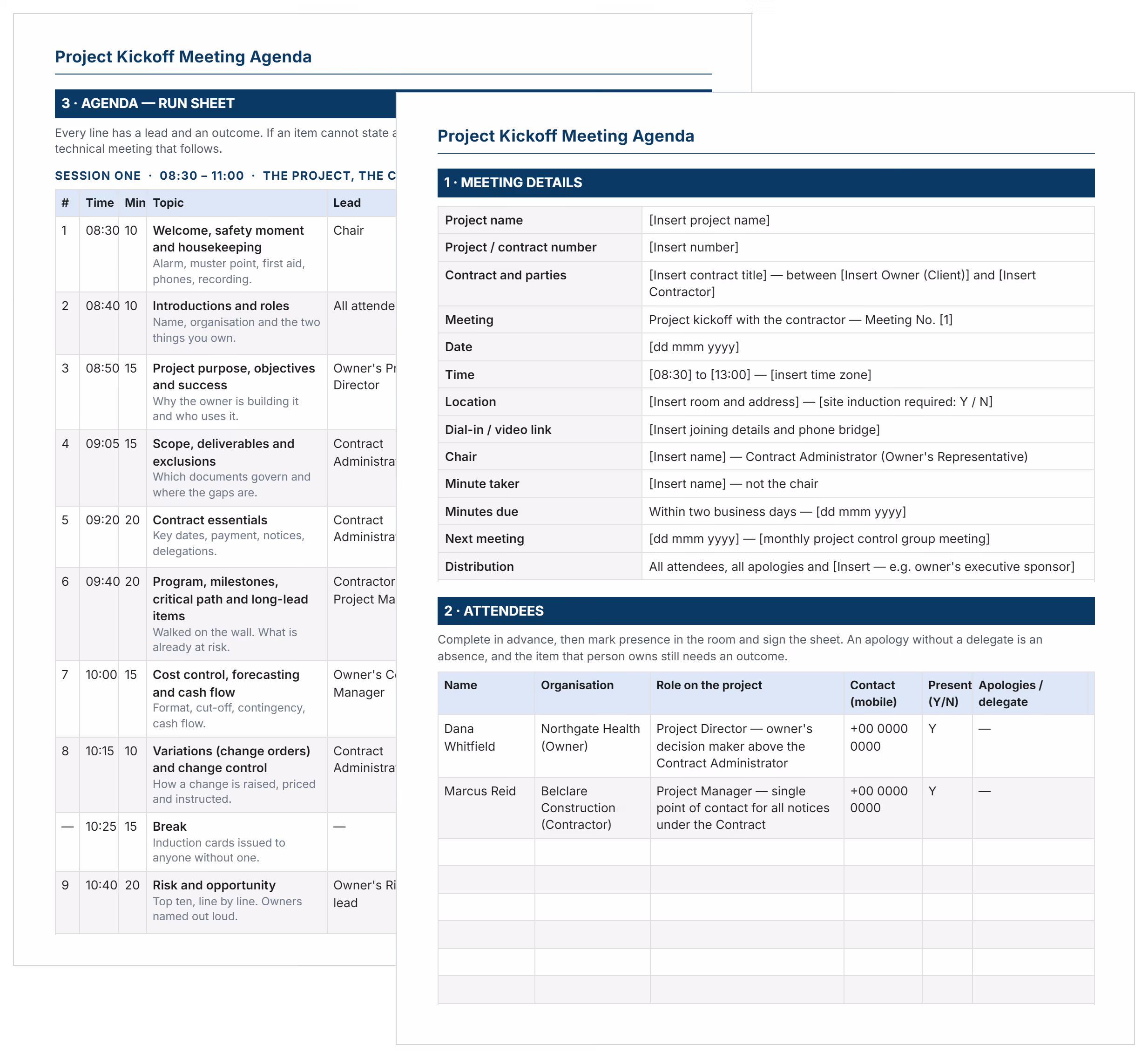 Project kickoff meeting agenda template in Word showing meeting details, attendees and the agenda run sheet.