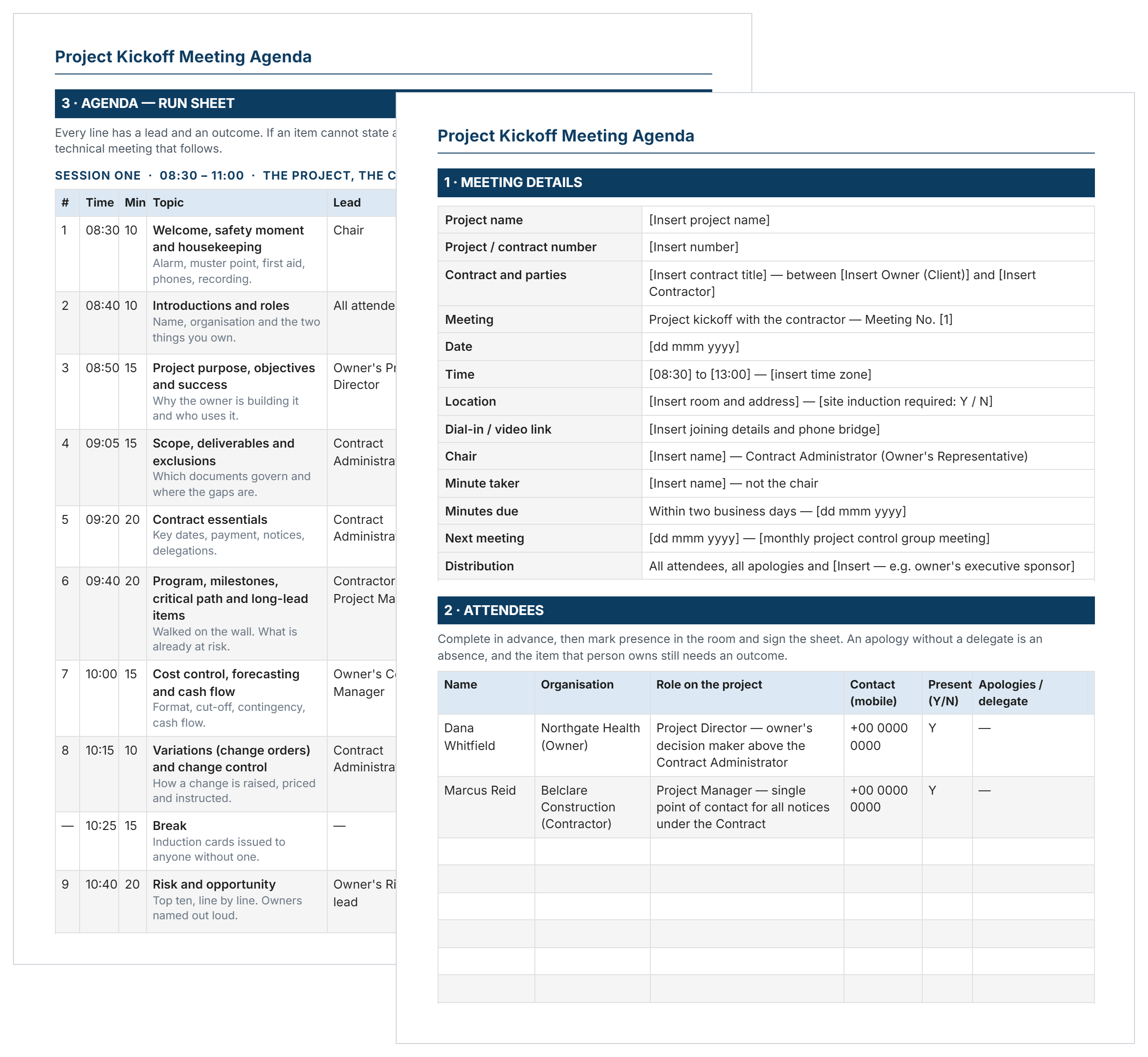Project kickoff meeting agenda template in Word showing meeting details, attendees and the agenda run sheet.