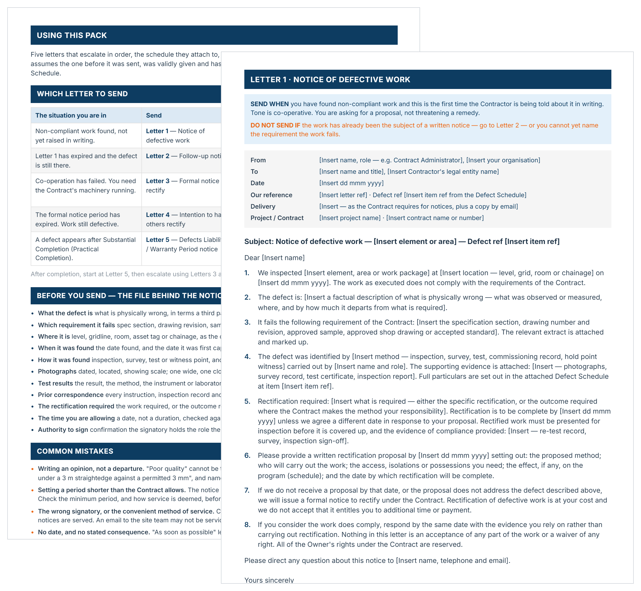 Sample letter to contractor for defective work template showing the notice of defective work and the five-letter escalation guide.