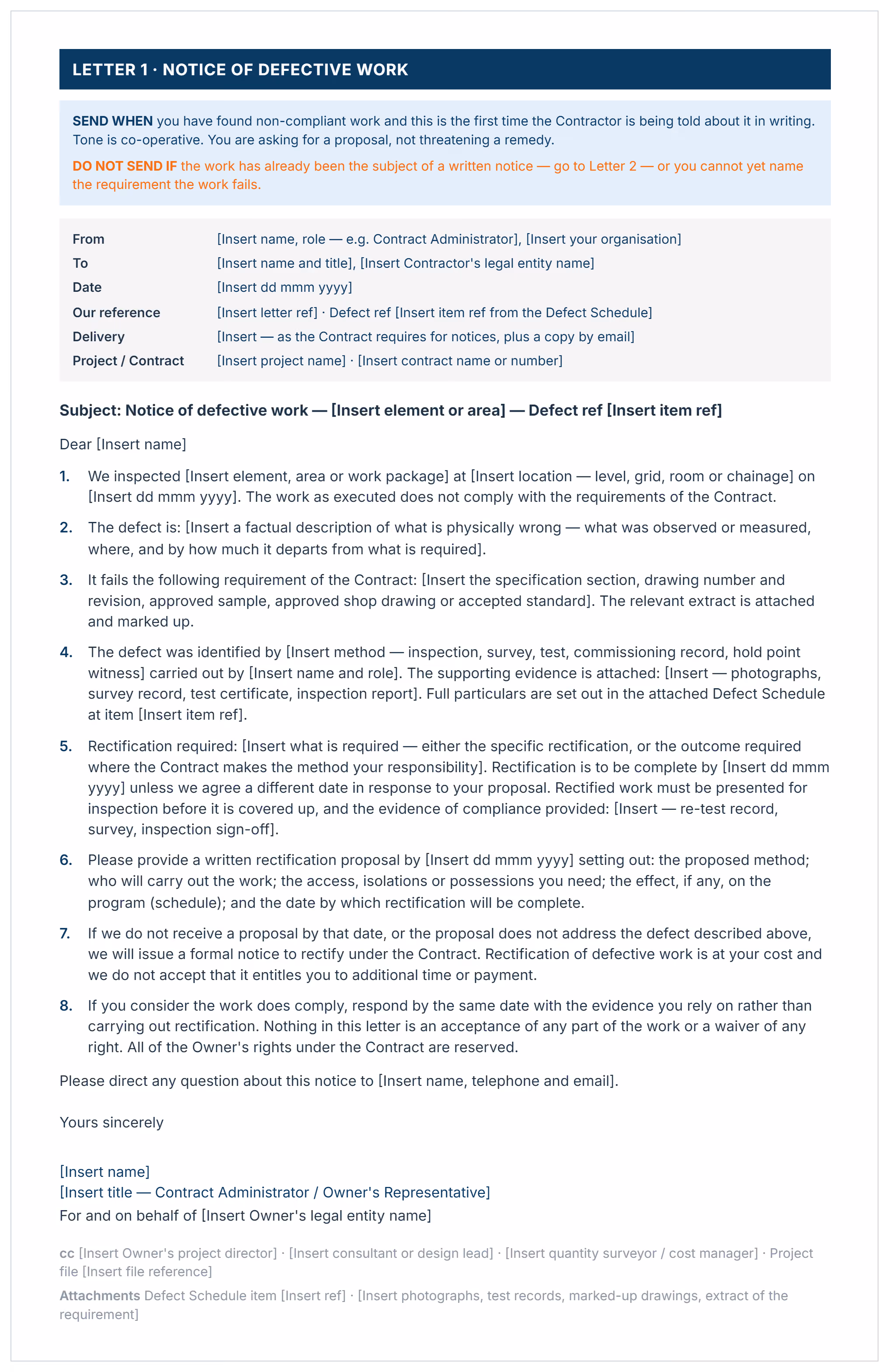 Notice of defective work letter with sender and reference block, eight numbered clauses, signature block and attachments.