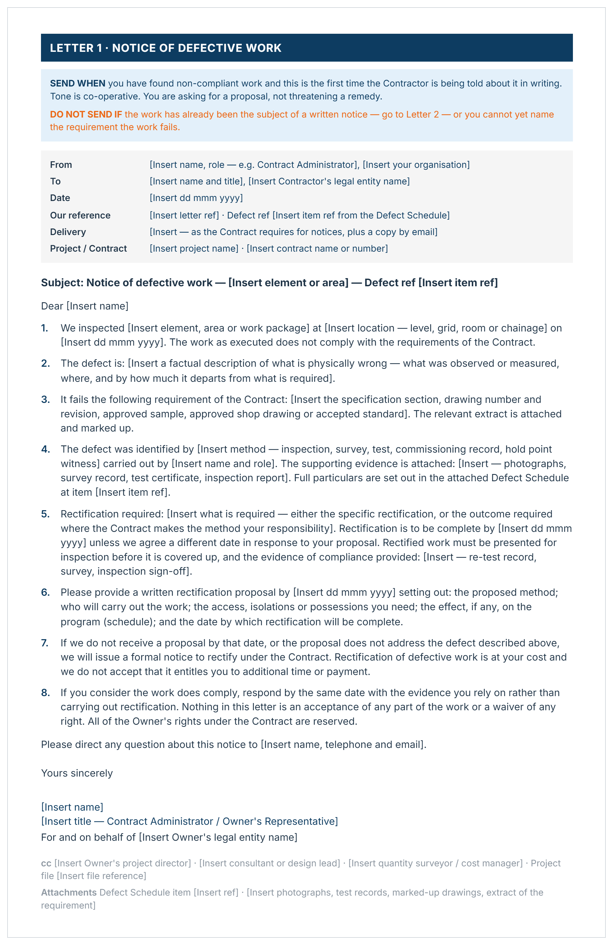 Notice of defective work letter with sender and reference block, eight numbered clauses, signature block and attachments.