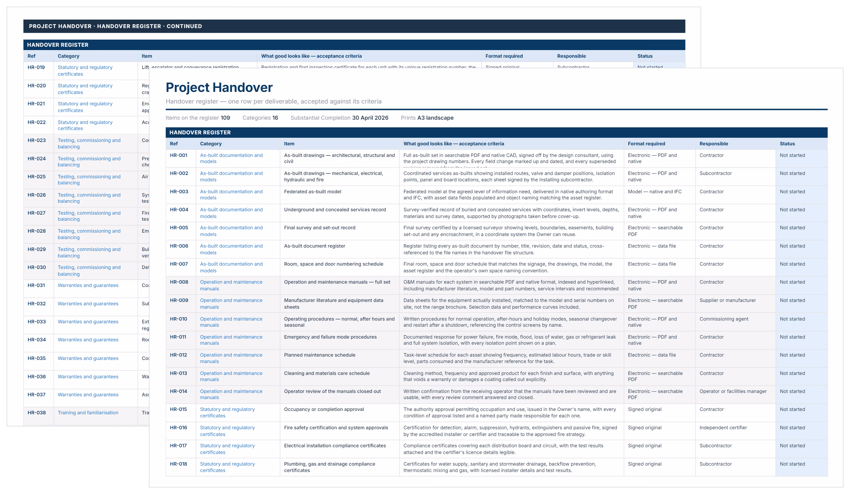 Construction project handover template in Excel showing the handover register with acceptance criteria, responsible party and status.