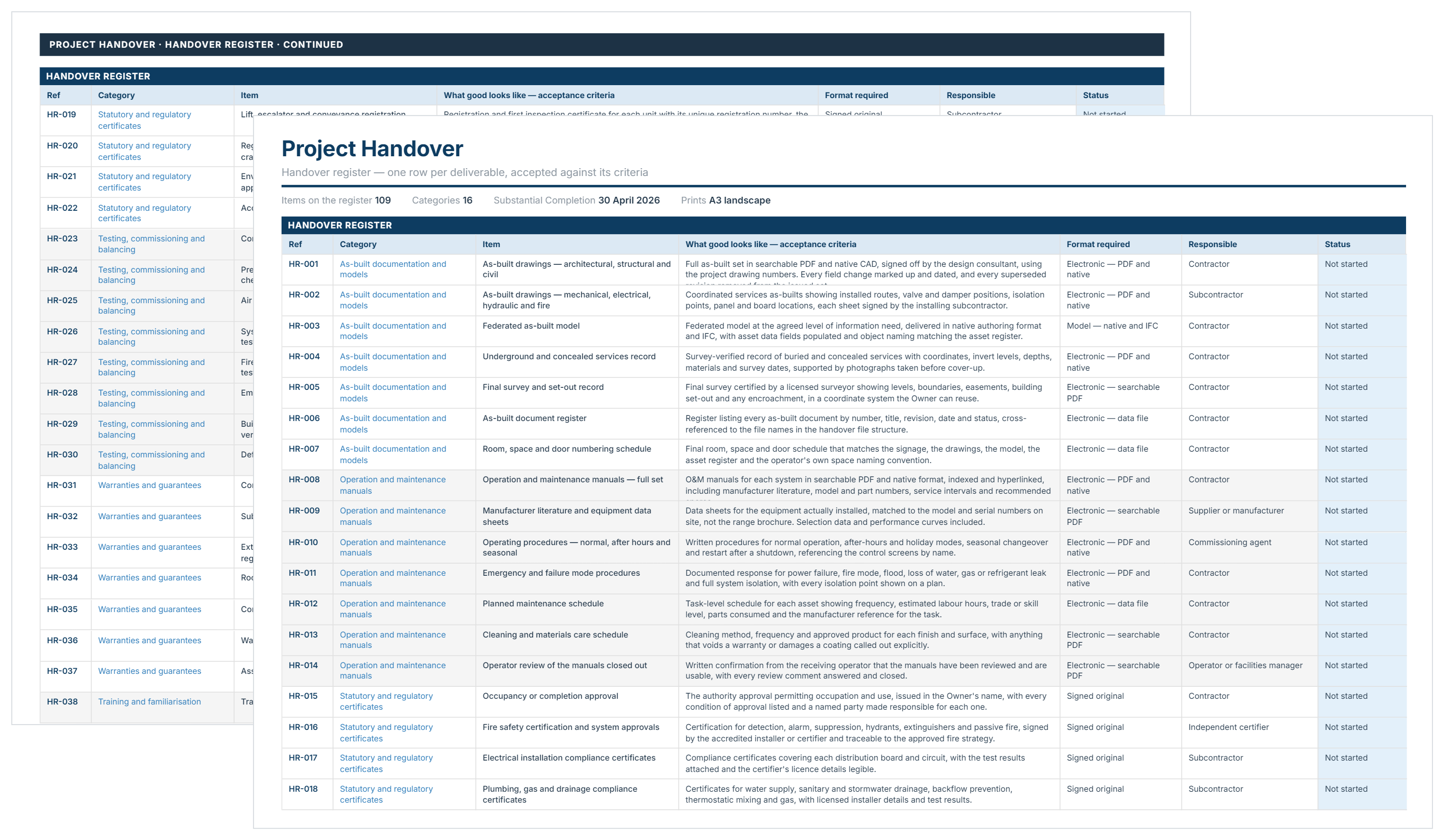 Construction project handover template in Excel showing the handover register with acceptance criteria, responsible party and status.