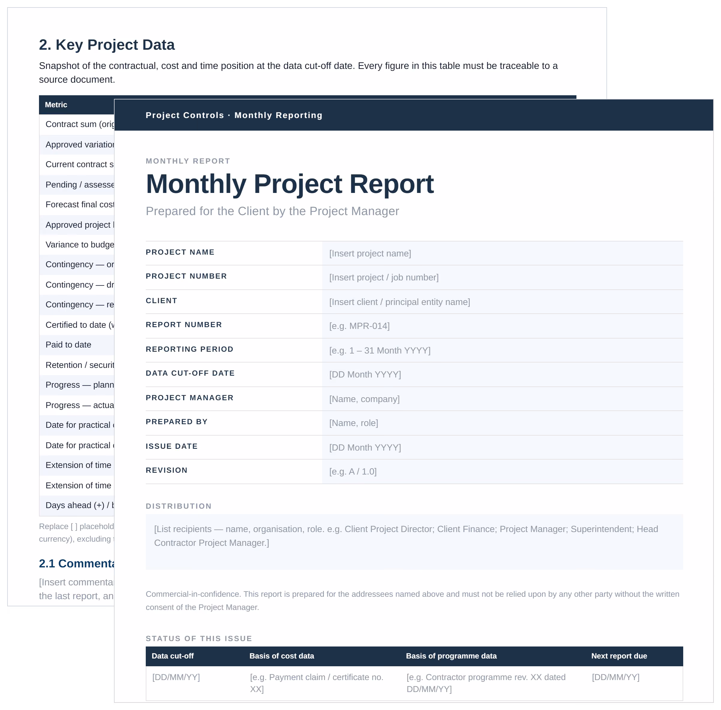 Project monthly report template in Word showing the RAG project health dashboard and client decision table.