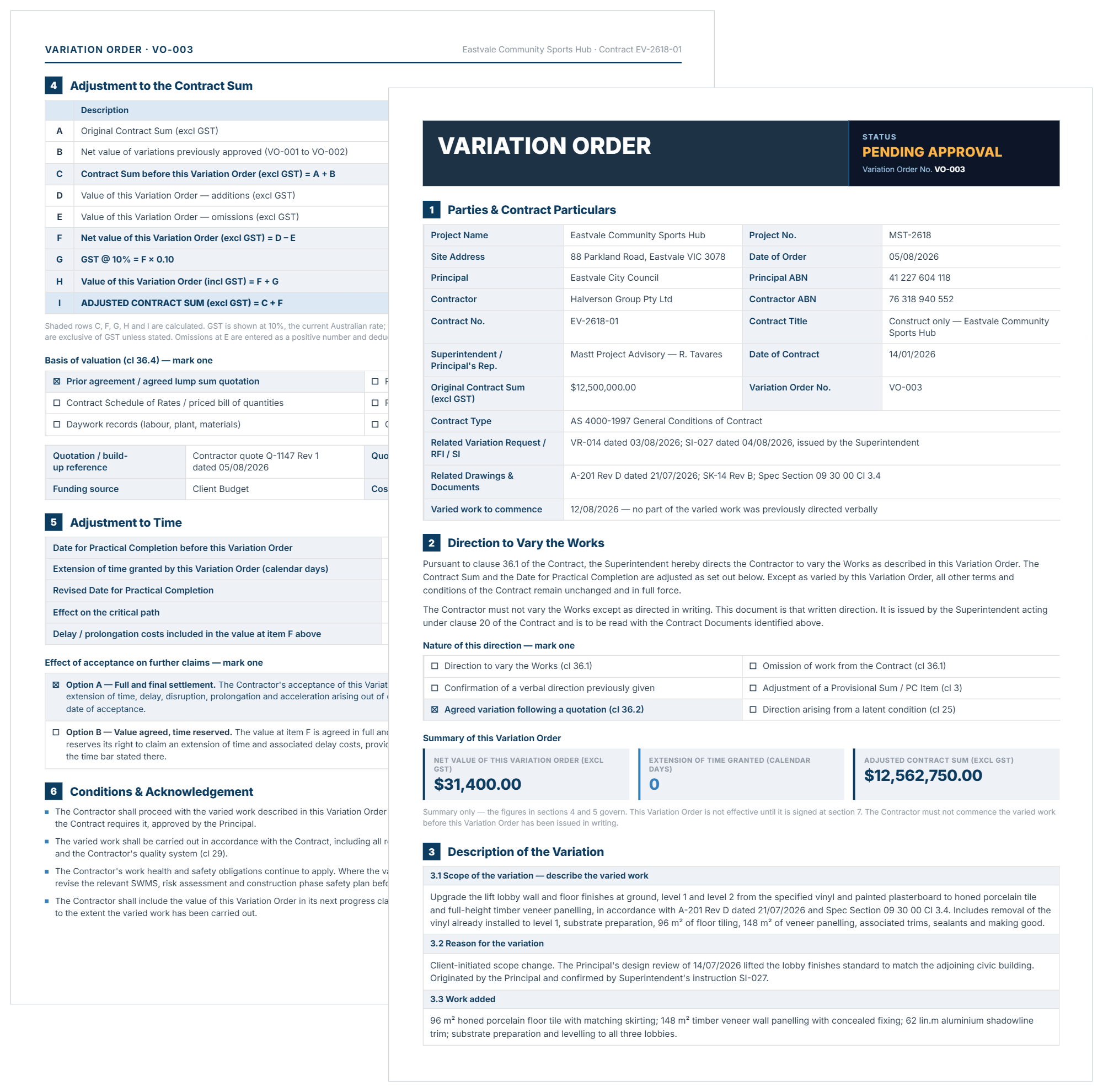 Variation order template showing parties, contract particulars and adjustment to the contract sum.