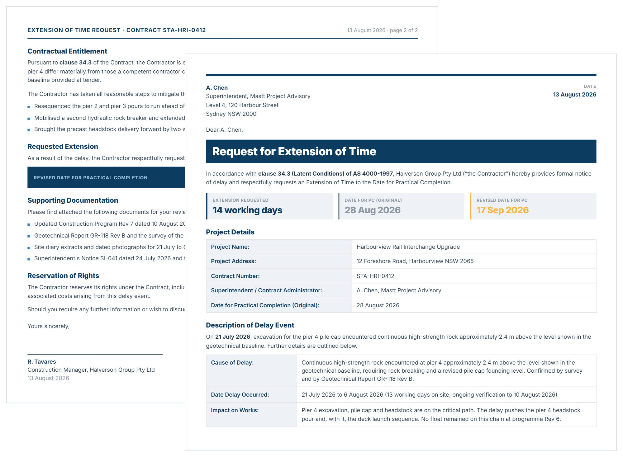 Extension of time template showing formal delay notice with requested extension and revised completion date.
