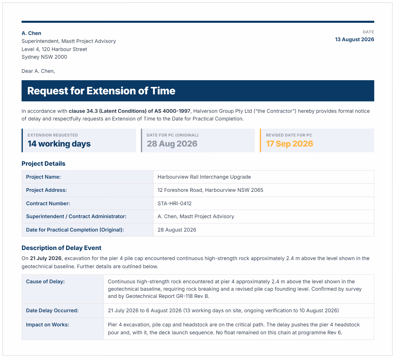 Extension of time request letter showing project details, delay event description and revised completion date.