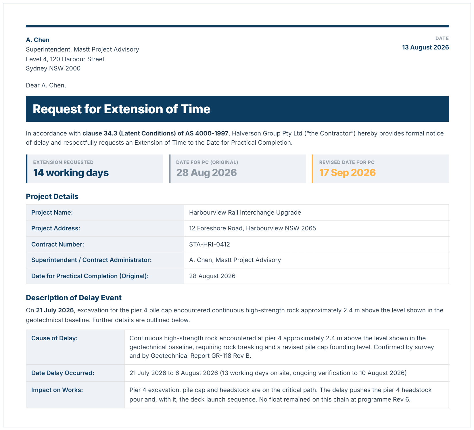 Extension of time request letter showing project details, delay event description and revised completion date.